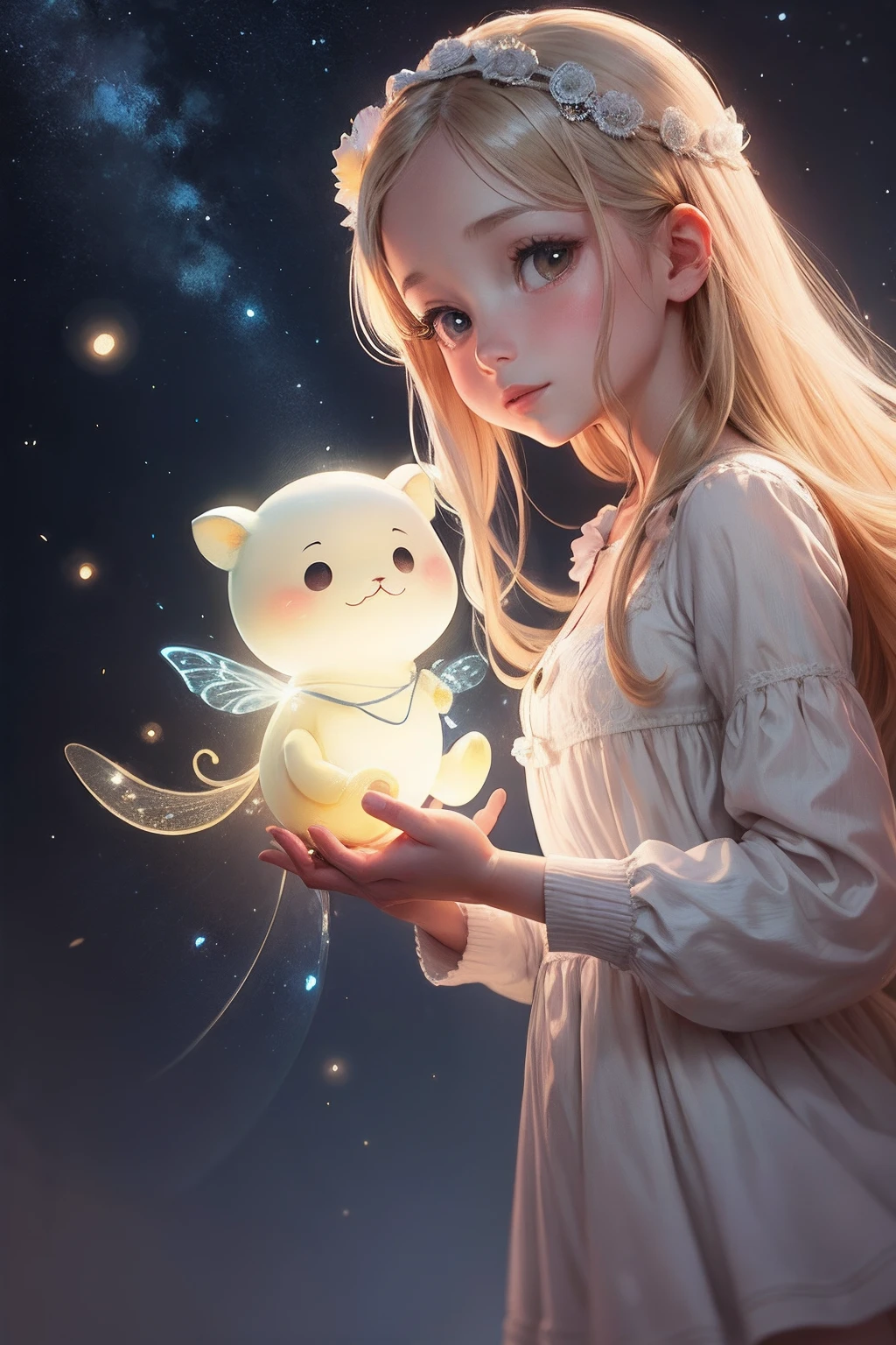 Primer plano, lovely illustration, A hand holding a very resplendent firefly, Bajo el cielo nocturno estrellado, primer plano