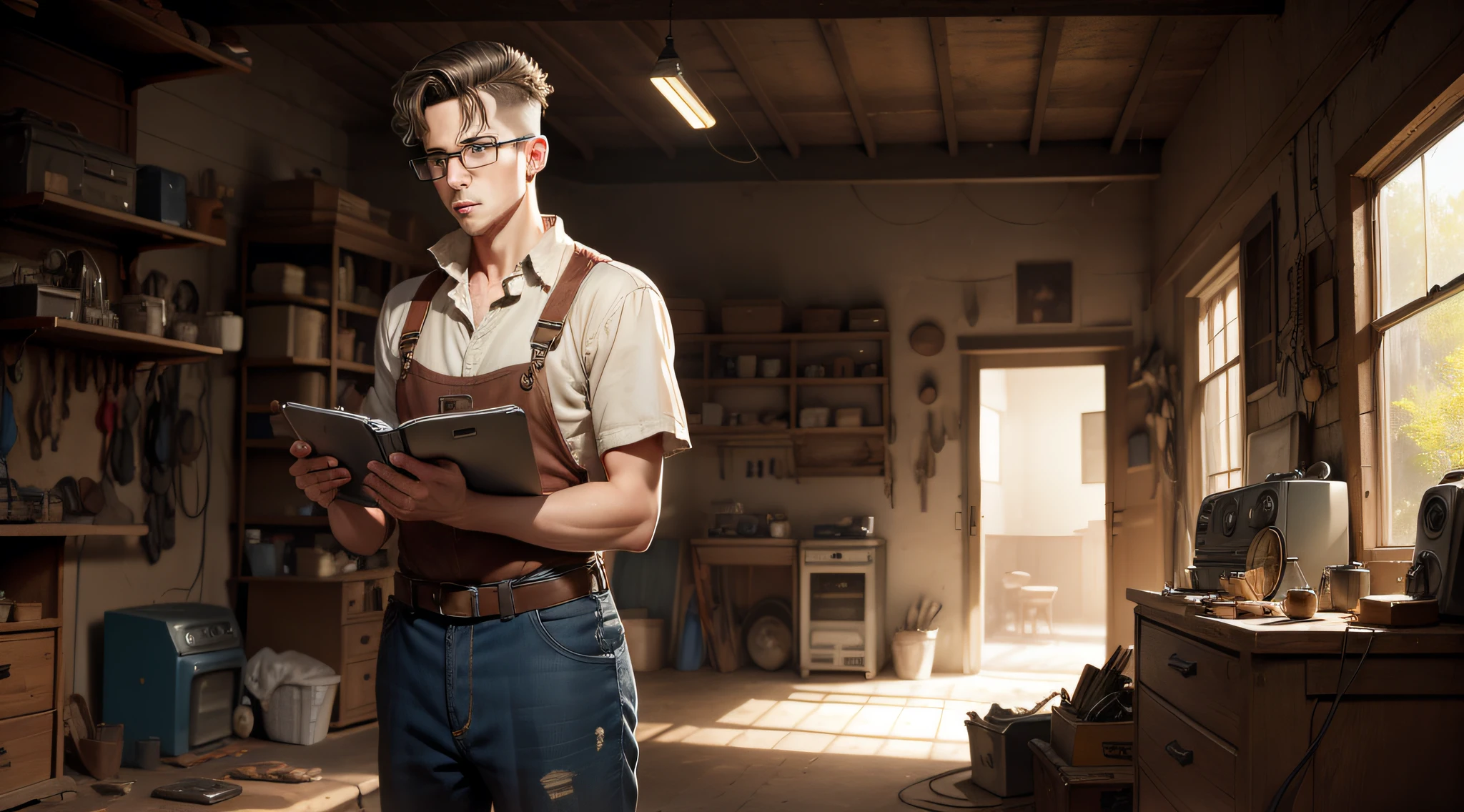 young man with glasses fixing old radios in garage, realistic.