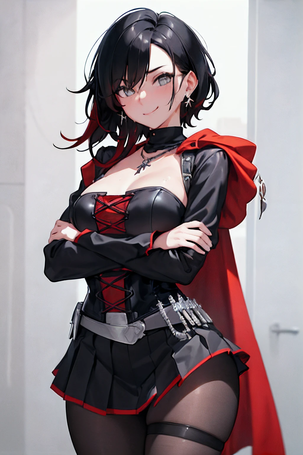 (Masterpiece, Best Quality:1.2), Cowboy shot, 1girl,black colored hair,short hair, smile, closed mouth, looking a viewer, crossed arms,black shirt,corset, black pleated skirt, pantyhose,red cloak, Jewelry, necklace, earrings, small-breasts, slim thighs, Spacer frame, steam, glistering slap, Wet, the sweat,