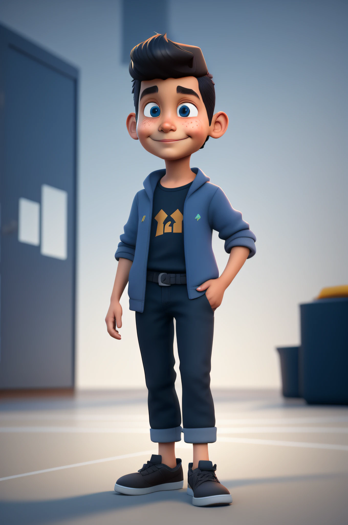 Cartoon character of a boy with a black jacket and black pants, Arnold Maya render, pixar renderman render, toon render keyshot, olhar :: octan render, renderizado em renderman, Personagem 3D, Personagem 3D, Caractere estilizado, renderizado no motor arnold, renderman render, animation character, pixar octane render, renderizado em Arnold, Maxwell render