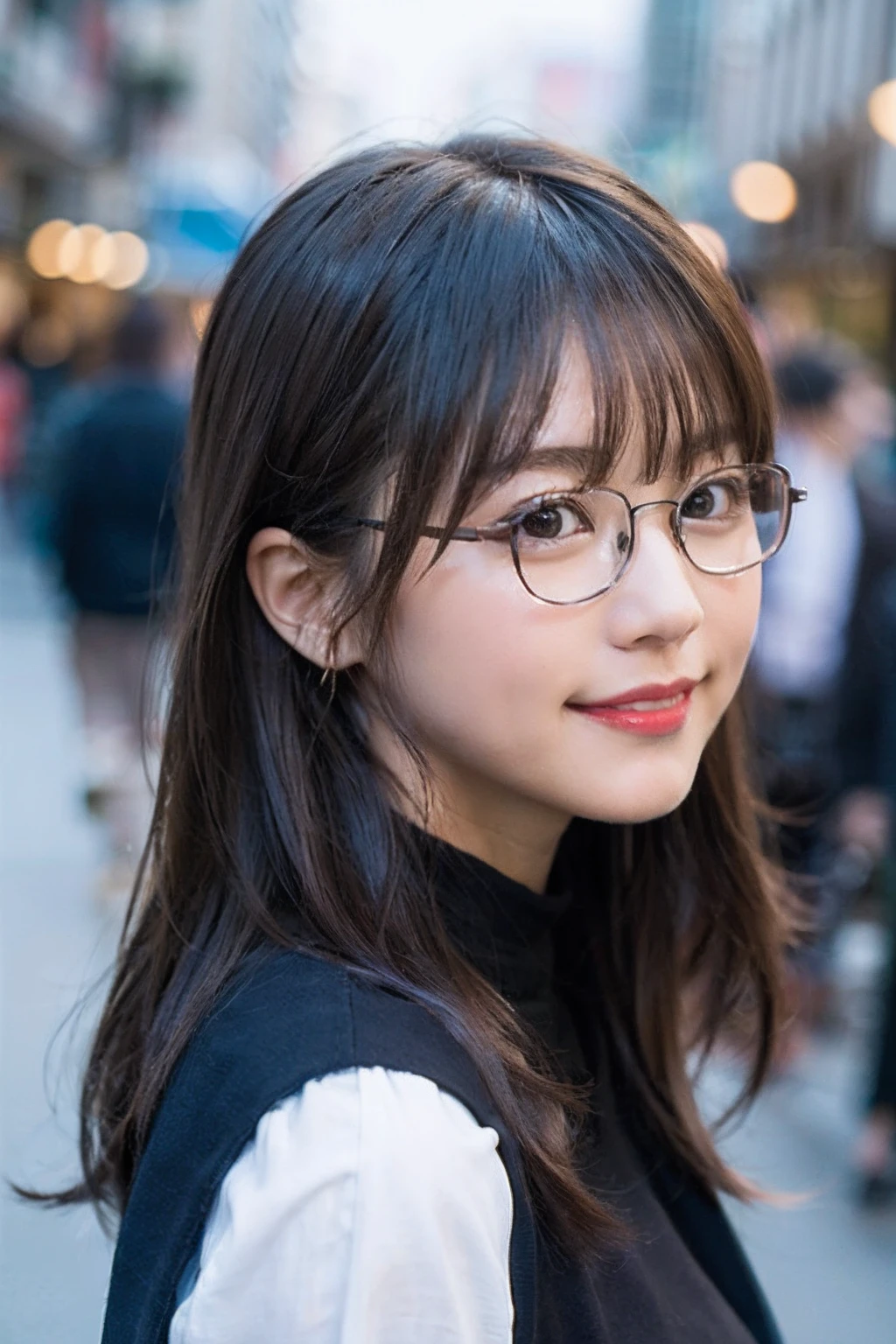 (8K、Raw photography、top-quality、​masterpiece:1.2)、(realisitic、Photorealsitic:1.37)、ultra-detailliert、超A high resolution、1人、see the beholder、beautifull detailed face、A smile、Constriction、(Slim waist) :1.3)、Autumn clothes、Beautiful detailed skin、Skin Texture、Floating hair、((Hairstyles with arrangements))、Professional Lighting、In the city around noon、((Black-rimmed square glasses))、human's body、Brown hair