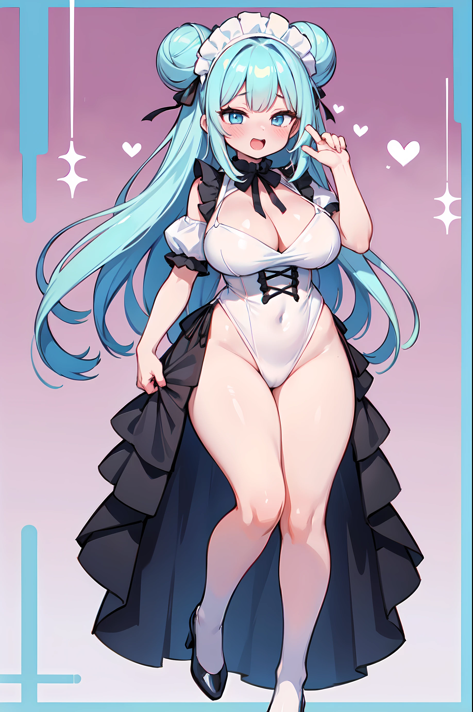 ((masterpiece)), ((best quality)), (ultra detaile:1.2), Pose like an erotic doujinshi character, //, a cute girl, 1girl, (solo:1.2), //, Maid costume, //, beautiful Pastel blue hair, ((beautiful eyes)), white-skinned, Bun hair style, big breasts, Voluptuous body, //, (ahegao:1.3), laughing, full body, gradation, //, Light blue-based heart pattern background, //, shiny-glistening, ultra shiny body, gleaming