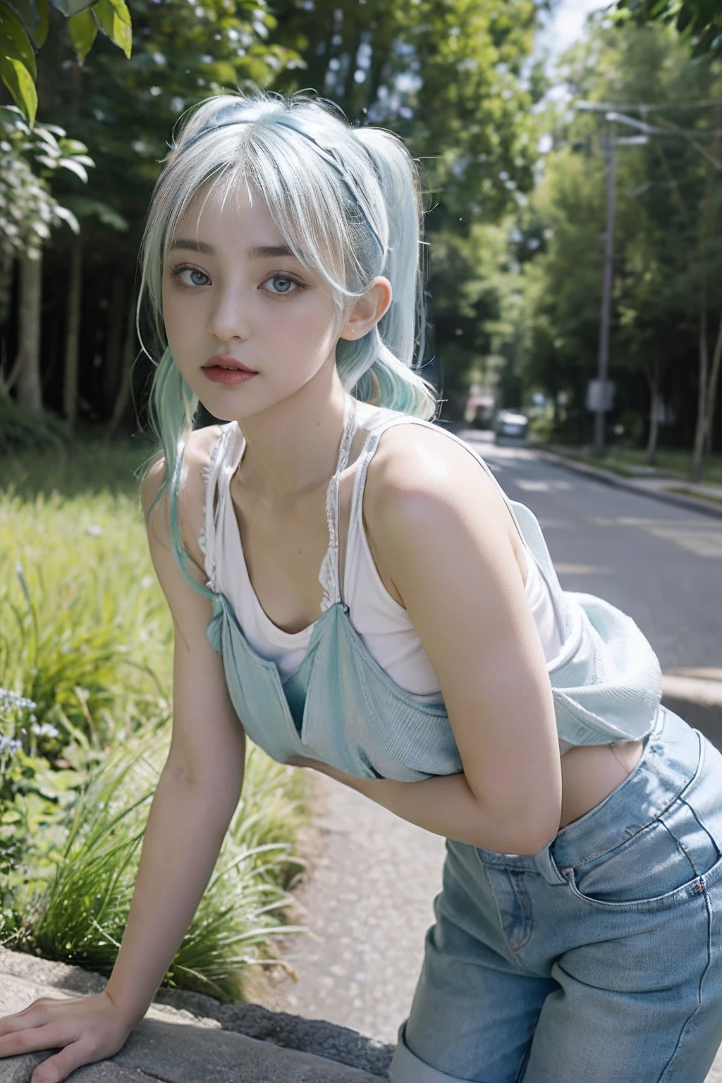light blue hair, cake strip, Cute green eyes, Beautiful Mouth, 1,60, medium chest, sitting on a large chair in a courtyard