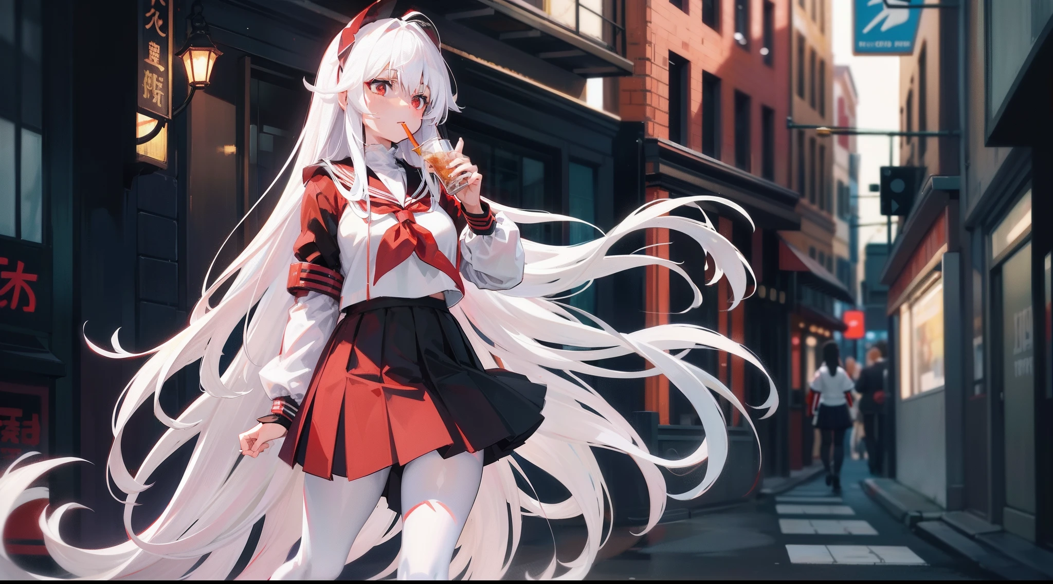 Long white hair, Red eyes, Black pleated skirt,Inside was a white sailor suit,Wearing black pantyhose, Plump body, An anime character, Only one person,Drinking brown drinks on the street