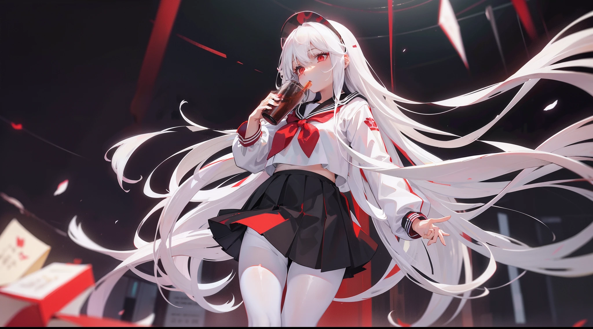 Long white hair, Red eyes, Black pleated skirt，Inside was a white sailor suit，Wearing black pantyhose, Plump body, An anime character, Only one person，Drinking brown drinks on the street