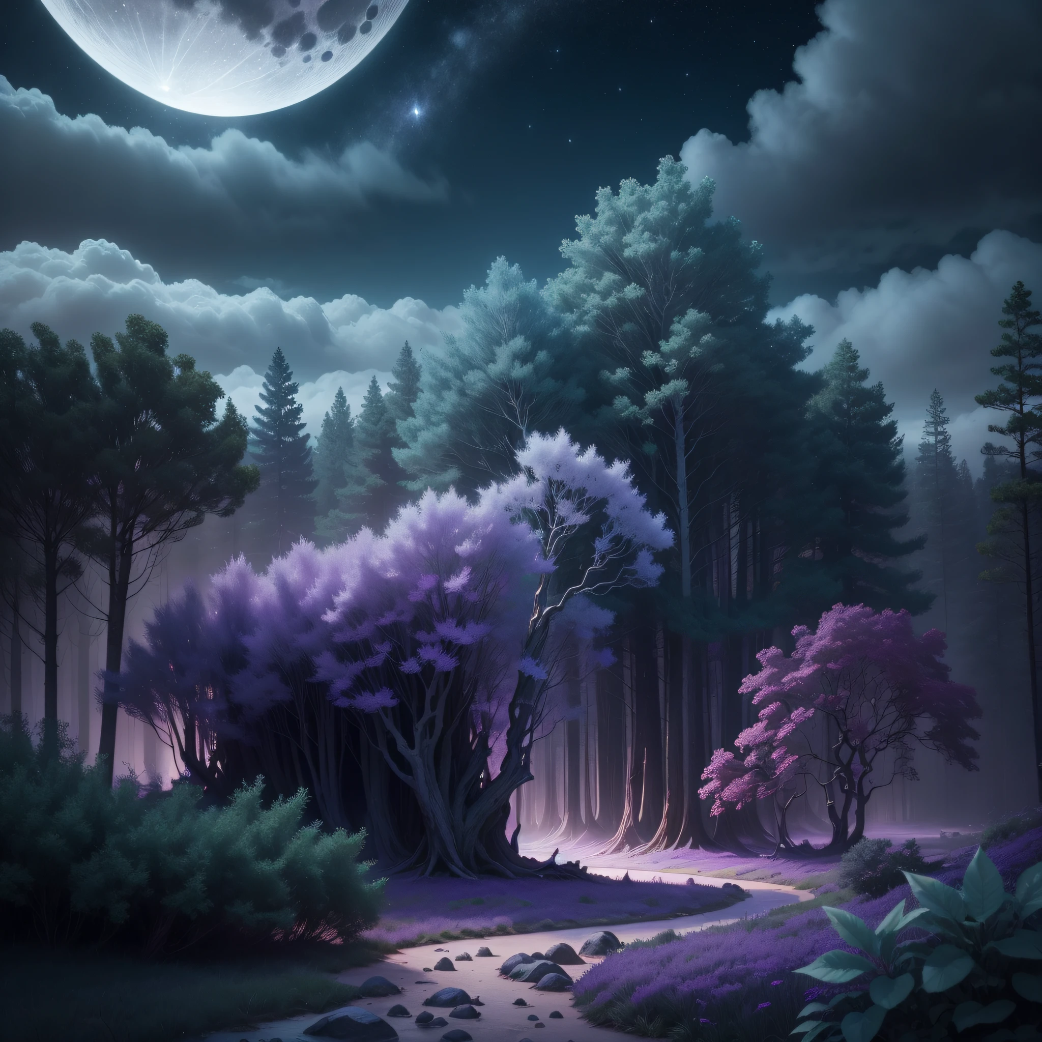a captivating landscape with mystical and magical vibes. Imagine a moonlit forest with bioluminescent moss, an ornate boat, and distant crystalline spires. Use a wide-angle lens for immersion, set a low camera angle, and prioritize rich colors like midnight blue (#001F3F), emerald green (#0074A2), and amethyst purple (#6B3E96). Create a moody, moonlit atmosphere with subtle backlighting and atmospheric effects like haze and lens flares. 1080x1080px --ar 1:1
