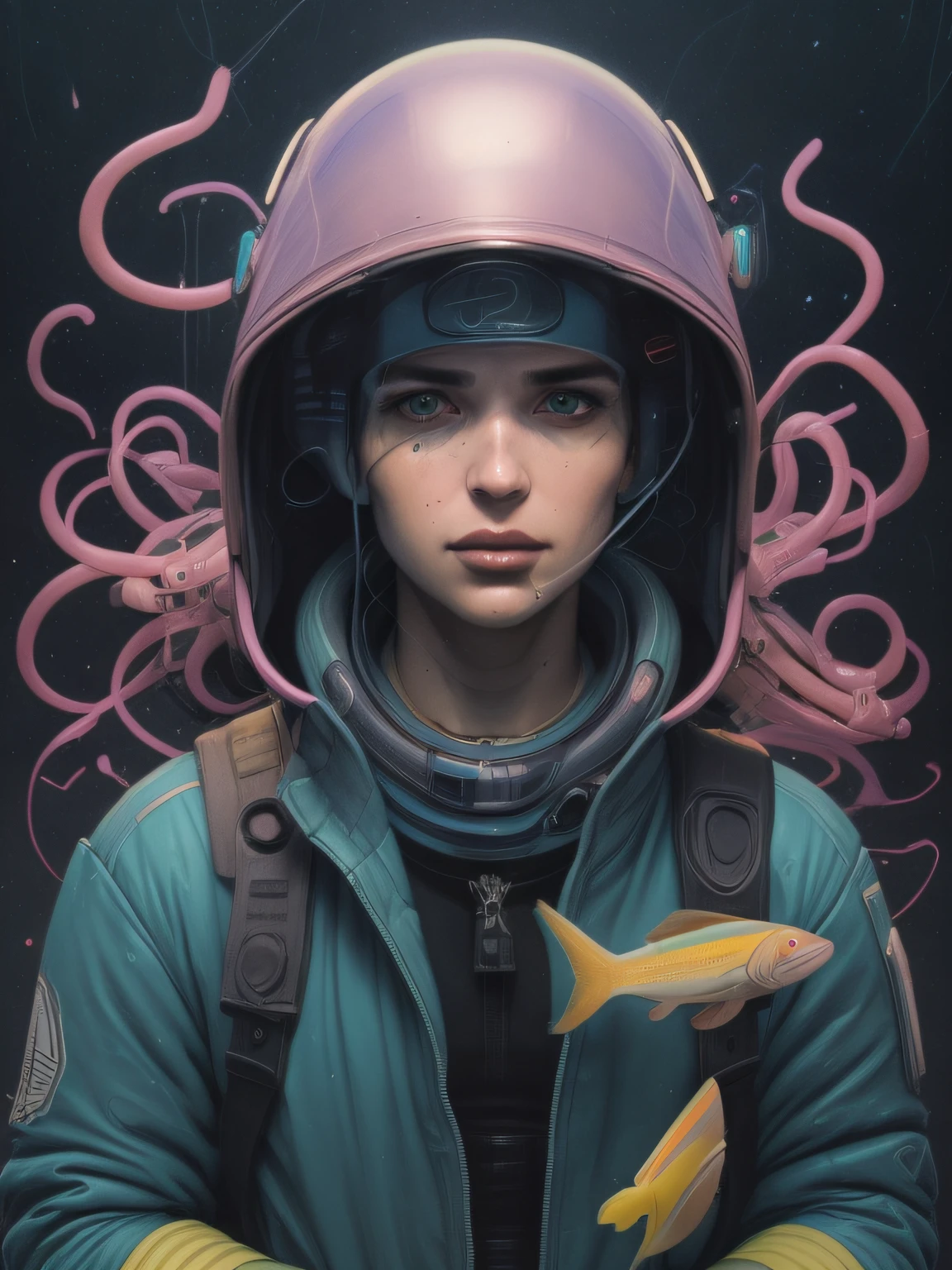 um close up de uma pessoa usando um capacete e segurando um peixe, Greg Beeple, Yuri Shwedoff e Tom Bagshaw, Beeple e Jeremias Ketner, Ross Tran 8 K, Artgerm Julie Bell Beeple, Wojtek FUS, bipe. hiper-realismo, arte do bipe, beeple daily art