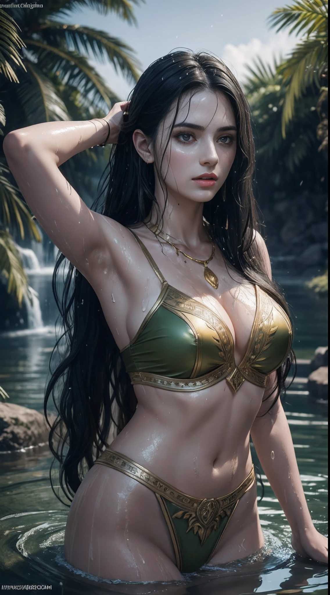 (A beautiful 25 years old female greek maiden bathing in the lake at night:0.8), (wet long black hair:0.8), (pale skin), (detailed oily and sweaty appearance:1.2), (serious face), (wearing green colored revealing greek maiden outfit with golden jeweleries:0.8), view from front, dynamic pose, chiaroscuro lighting, photo realism, intricate face detail, intricate hand details, highly detailed, vibrant colors, cinematic, high definition, trending on Artstation--style raw