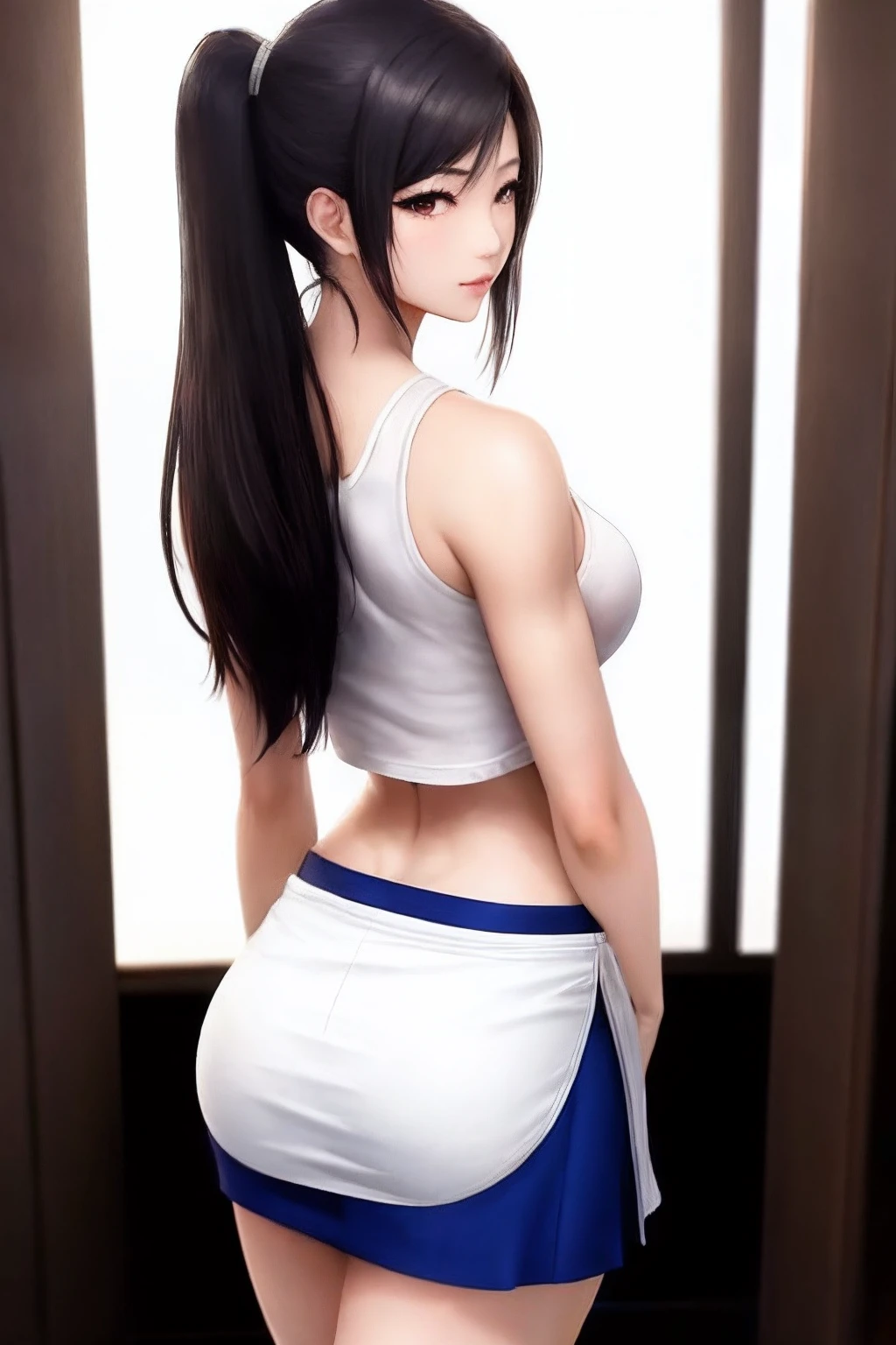 rialistic photo、Real Images、Top image quality、poneyTail、Listen to Tsuchiya、Arab asian woman in white tank top and blue skirt, Tifa Lockhart, Tifa, Tifa Lockhart, Japanese Models, seductive tifa lockhart portrait, Korean Girl, trending at cgstation, beautiful japanese female, waist - shot, showing her shoulder from back, Beautiful ass、Beautiful arms、sakimichan, skinny waist and thick hips, Back Pose