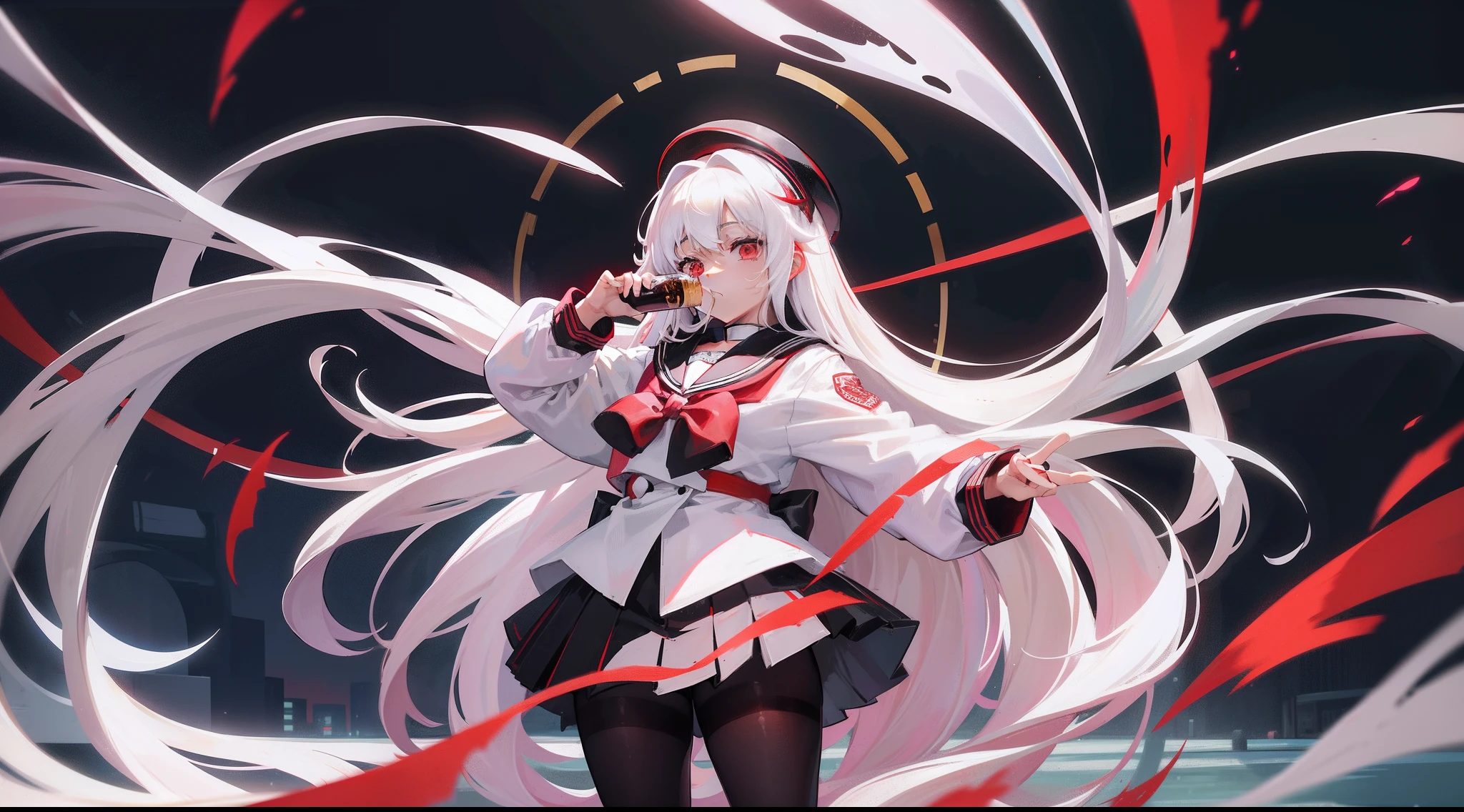 Long white hair, Red eyes, Black pleated skirt,Inside was a white sailor suit,Wearing black pantyhose, Plump body, An anime character, Only one person,Drinking brown drinks on the street