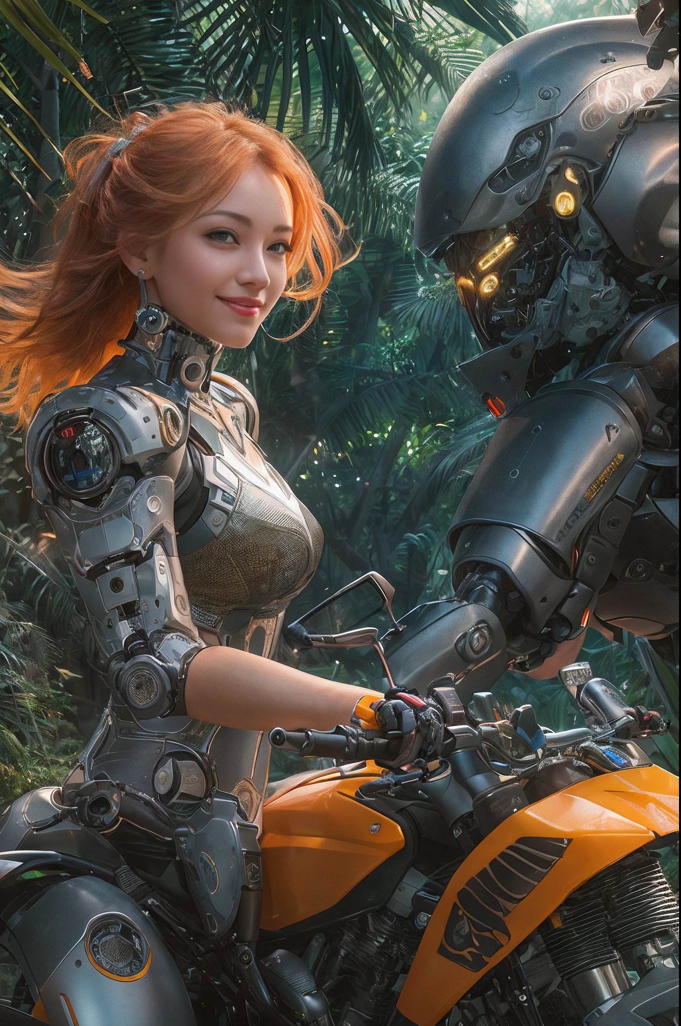 Cybernetic arm and glowing robot cyber girl,(Sheer and revealing costumes:1.3, ),(Robot Cyber Girl riding a powerful military-style motorcycle galloping through jungle:1.3), (Robot shining behind:1.3),Glossy light brown and orange striped shorthair,Cute smile,Perfect round face,A cheerful smile that makes the viewer happy,Proper body proportion,masutepiece,Super high-quality output images,hight resolution,Intricate details,Hair fluttering in a very delicate and beautiful wind,photos realistic,Dreamy,Professional Lighting,realistic shadow,Solo Focus,Beautiful hands,Beautiful fingers,Detailed finger features,detailed clothes features,Detailed hair features,detailed facial features,