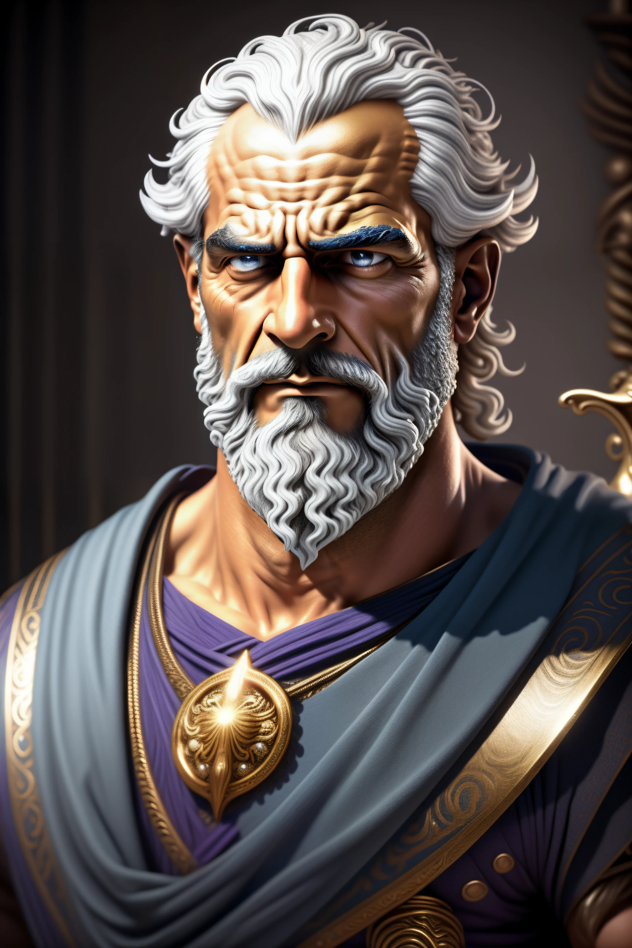 um close up de um homem com barba e colar, Retrato Zeus, Retrato de Zeus, Retrato pintado de Zeus acidentado, Retrato de Zeus acidentado, Retrato do deus grego Ares, epic game portrait, rosto estoico, portrait of demigod hercules, 8 K HD WallpaperArtefato jpeg, 8k hd wallpaperjpeg artefato, Retrato de Homelander