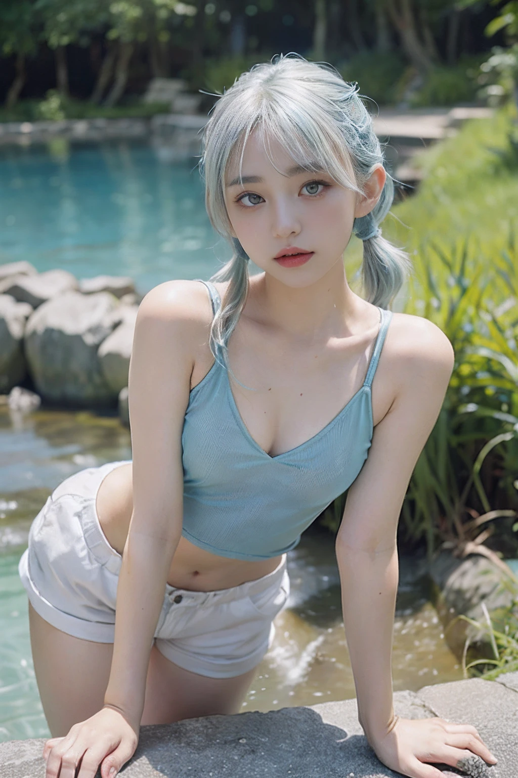 swim wears、blue hairs、Green hair、Silvery hair、Photorealsitic, hight resolution, 1 rapariga, white hair, Korea person, Heterochromia eyes, small moles under eyes, 、(Blonde mesh)、plein air、Pigtails straight hair、yes、all-fours、shortpants、hime-cut、