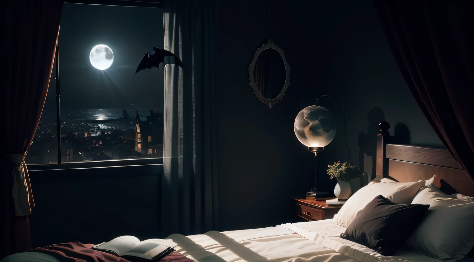 Midnight, dark bedroom, a real bat hanging from the curtain, An elderly man lying in bed looking at the bat hanging from the curtain. moonlight illuminates the scene through the window. a chair at the corner with an earth globe.