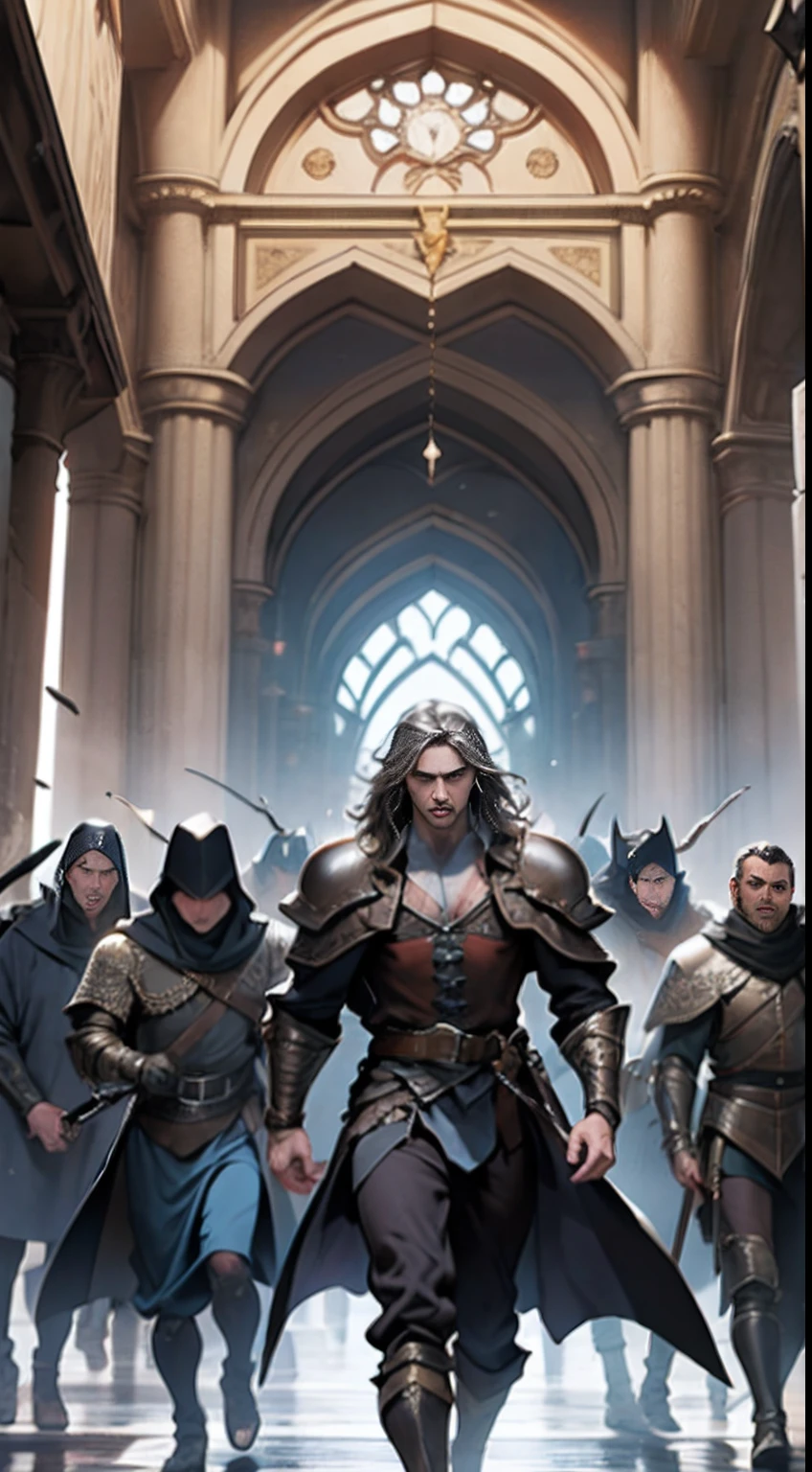 Castlevania Lord of the shadows hyper realistic super detailed Dynamic War between 10 men wearing medieval Arabian warrior leather Armor and demons cinématique scènes movie Epic Legendary