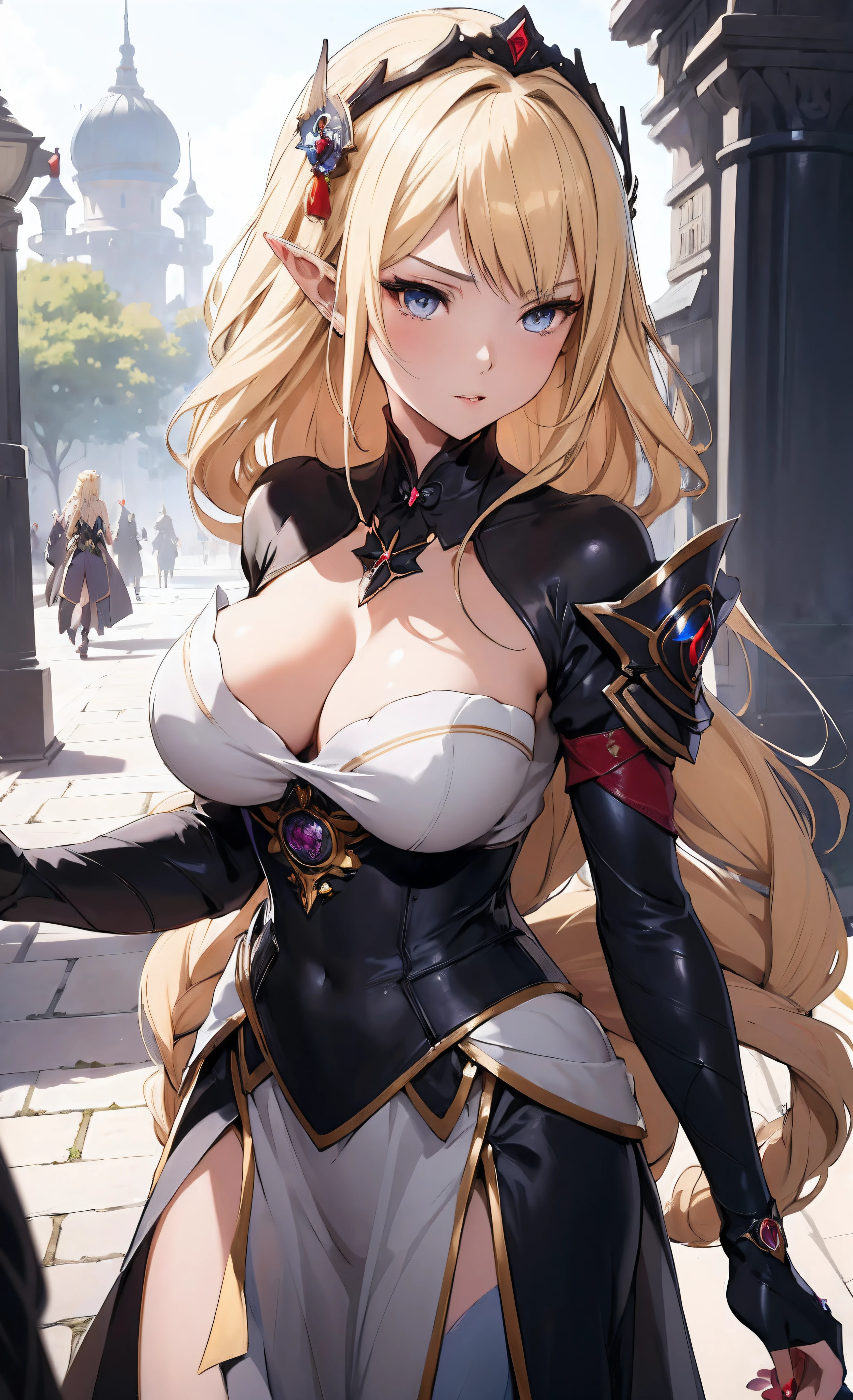anime girl with long blonde hair and a black dress, cushart krenz key art feminine, long pointy ears, blonde anime girl with long hair, portrait knights of zodiac girl, trending on artstation pixiv, gorgeous female paladin, ((a beautiful fantasy empress)), keqing from genshin impact, anime goddess, high detailed official artwork, blonde - haired princess
