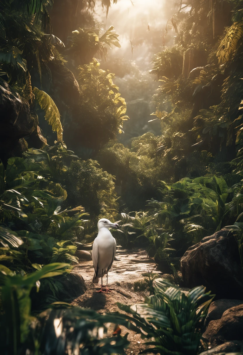 seagulls , Beautiful, stunning realistic photograph, Focused, High details, High quality, hyperlight , 8K, Cinematic, picure, Intricate, voluminetric lighting, Beautiful, Blur jungle background,