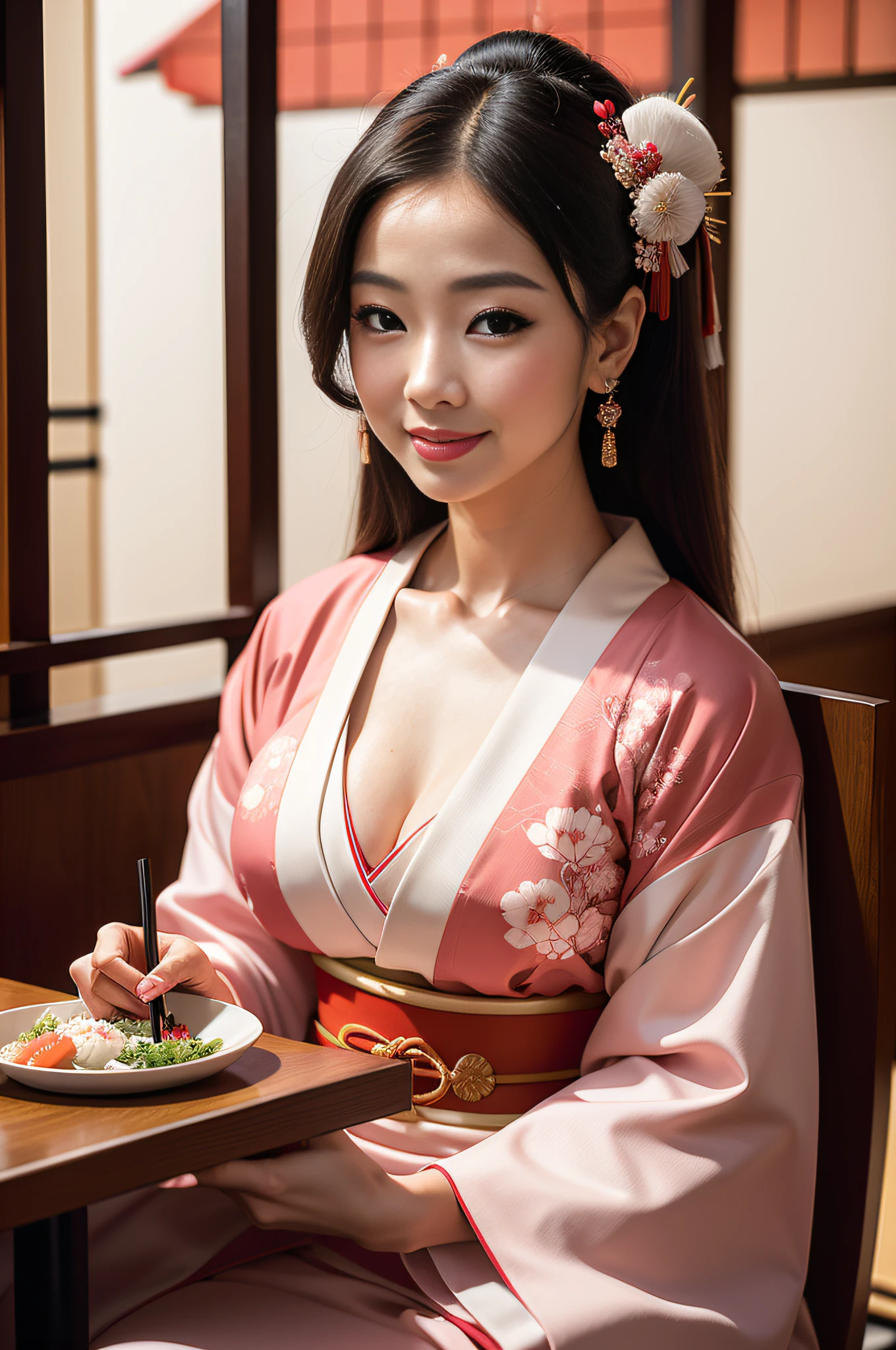 beautiful geisha, with flowing hair, full lips, full breasts, wearing a pink and white kimono, sitting at a table in a traditional Japanese restaurant, holding chopsticks, eating sushi, and smiling ((intricate details, 8k, hyperrealistic, photorealistic, shallow depth of field)).