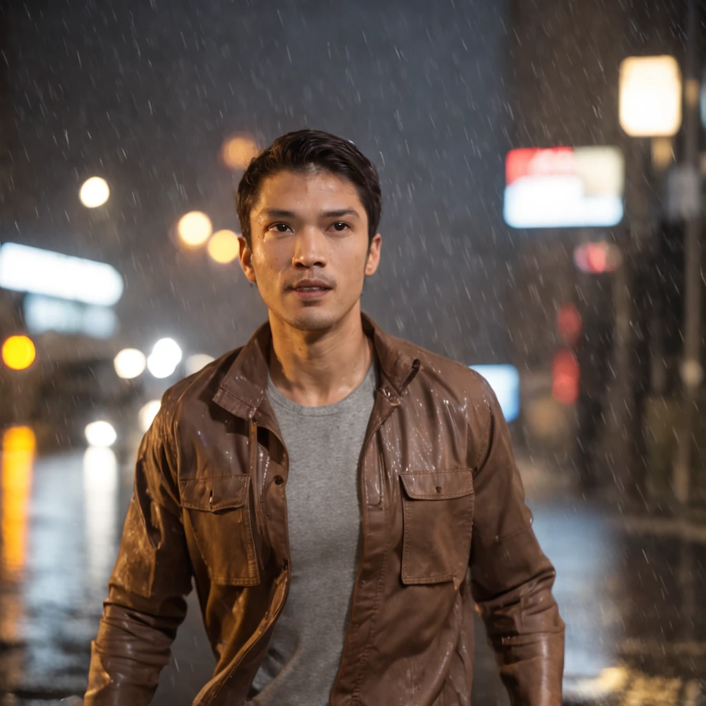 Man in brown pants and gray T-shirt running in the rain on a futuristic city street, luzes laranjas e neblinas, ultra realista, hd, noite com a lua ao fundo