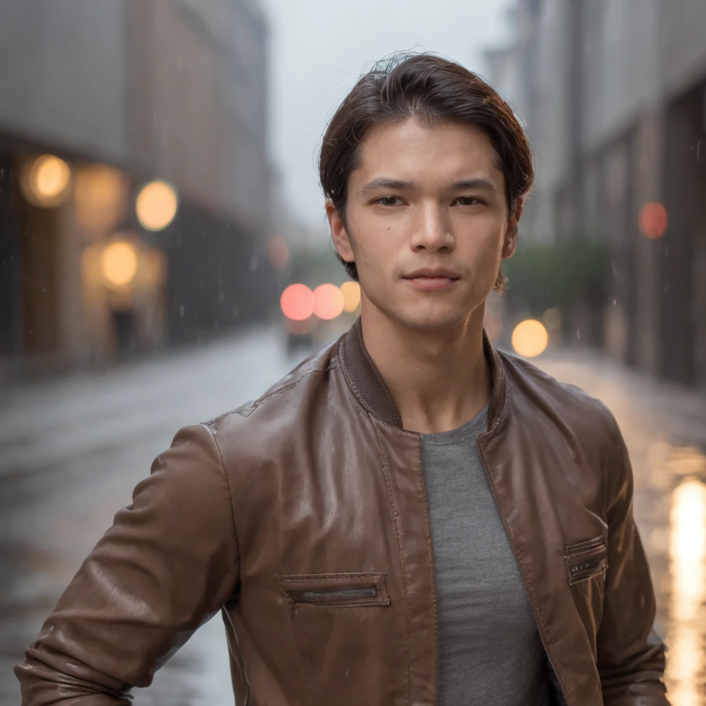 Man in brown pants and gray T-shirt running in the rain on a futuristic city street, luzes laranjas e neblinas, ultra realista, hd, noite com a lua ao fundo