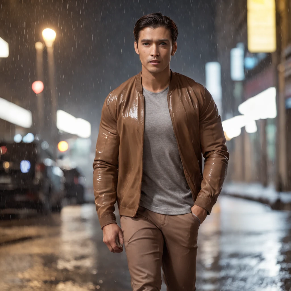Man in brown pants and gray T-shirt running in the rain on a futuristic city street, luzes laranjas e neblinas, ultra realista, hd, noite com a lua ao fundo