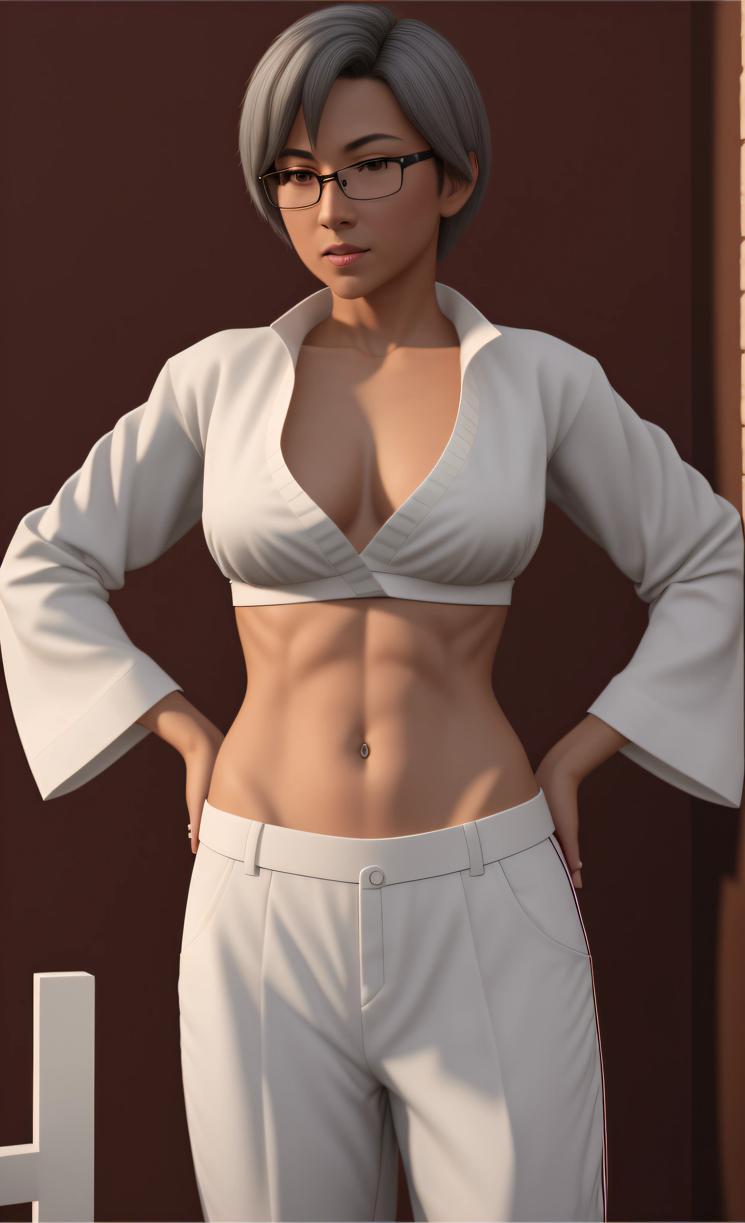 her deep belly button is exposed without any piercing, very short french-style haircut older elderly nerd karate woman in a very skimpy midriff-shirt and very low-rise pants posing for a karate stance, slender figure, realistic normal body, karateka body, brazenly unglued clothed, one-button pinned, sexy unbuttoned , full body close-up shot, 3 d render of a full black belt karate female, smooth 3d cg render