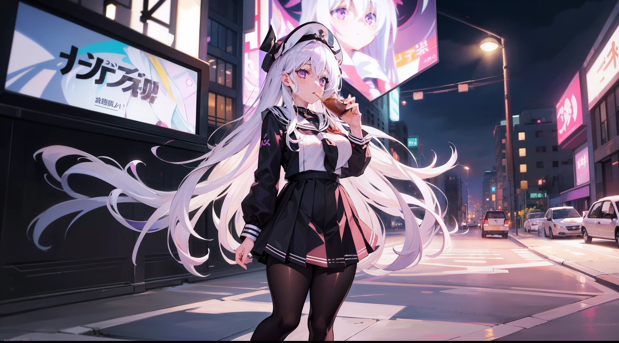 Long white hair, Purple eyes, Black pleated skirt,Inside was a white sailor suit,Wearing black pantyhose, Plump body, An anime character, Only one person,Drinking brown drinks on the street