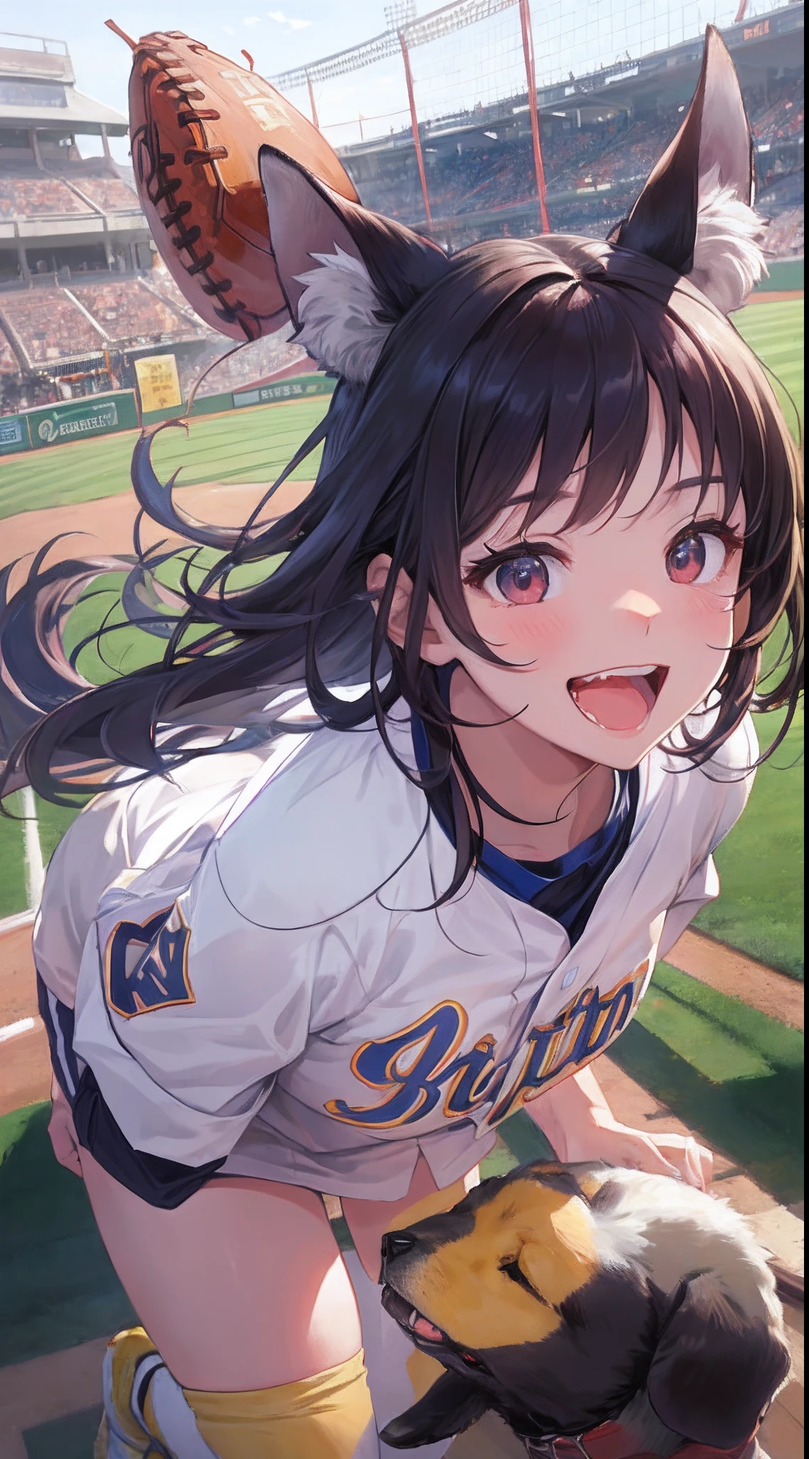 It depicts the activities of a dog beast-eared girl who breaks into a baseball game.。Dog Daughter、The moment an outfielder catches a bullet liner home run ball、Direct catch with mouth with incredible speed and leaping power。Outfielders、I jump where I can reach the ball.、At that moment、A dog girl flies higher than an outfielder to catch the ball。Dog Daughter、Hold the ball and land with a smile。Spectators and teammates、Cheers and applause for the phenomenal play of the dog daughter。 This work is、A work full of speed and dynamism。The dog daughter and the outfielder's chase、Breathtaking developments。Beast Girl、Sprint。Outfielders、I will run as hard as I can to protect myself。As a result、Shocking scenes that take place in the air are created。This work is、In depicting the passion and skill of a dog daughter、Captivates the viewer's heart。