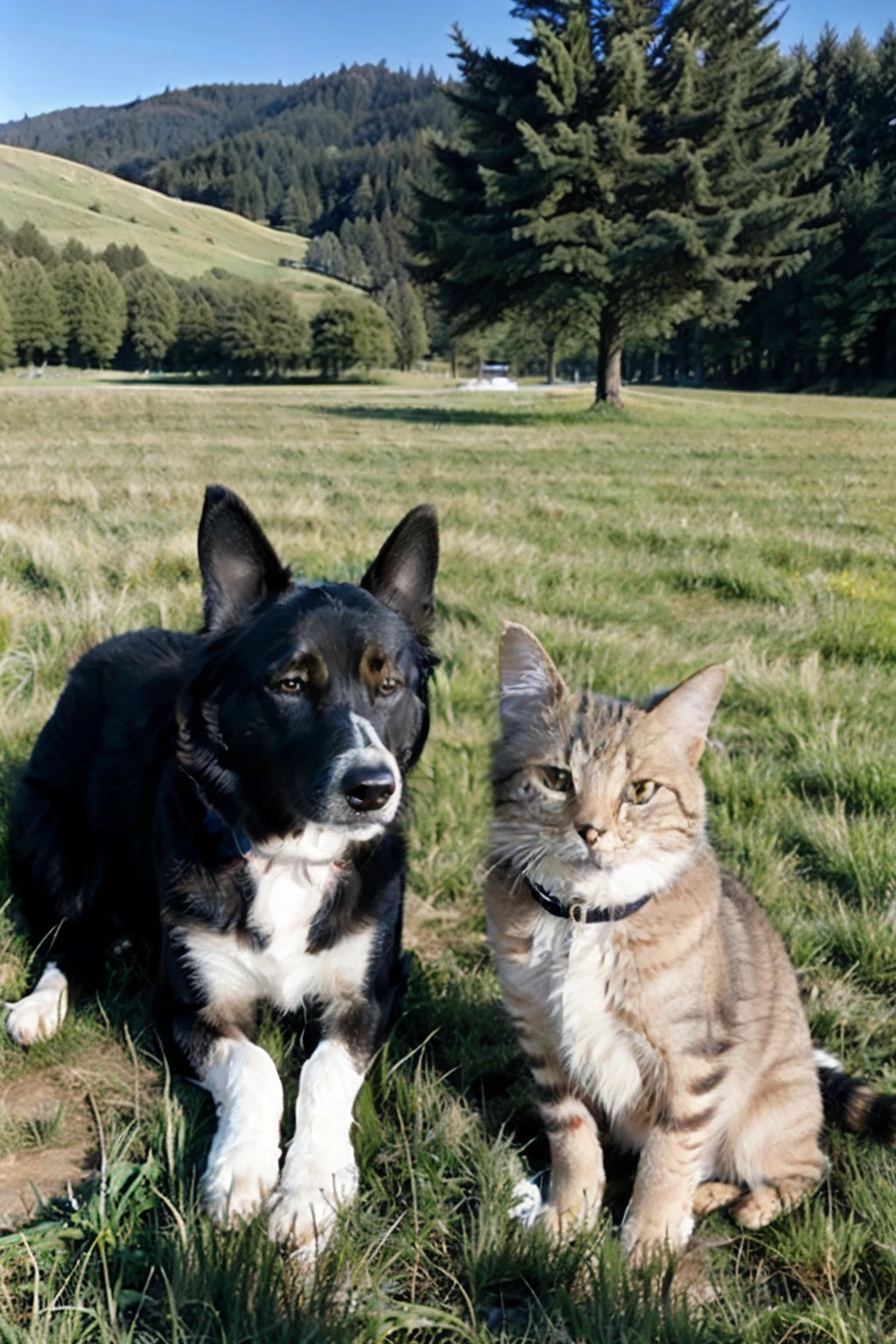 A dog and a cat in a sunny meadow