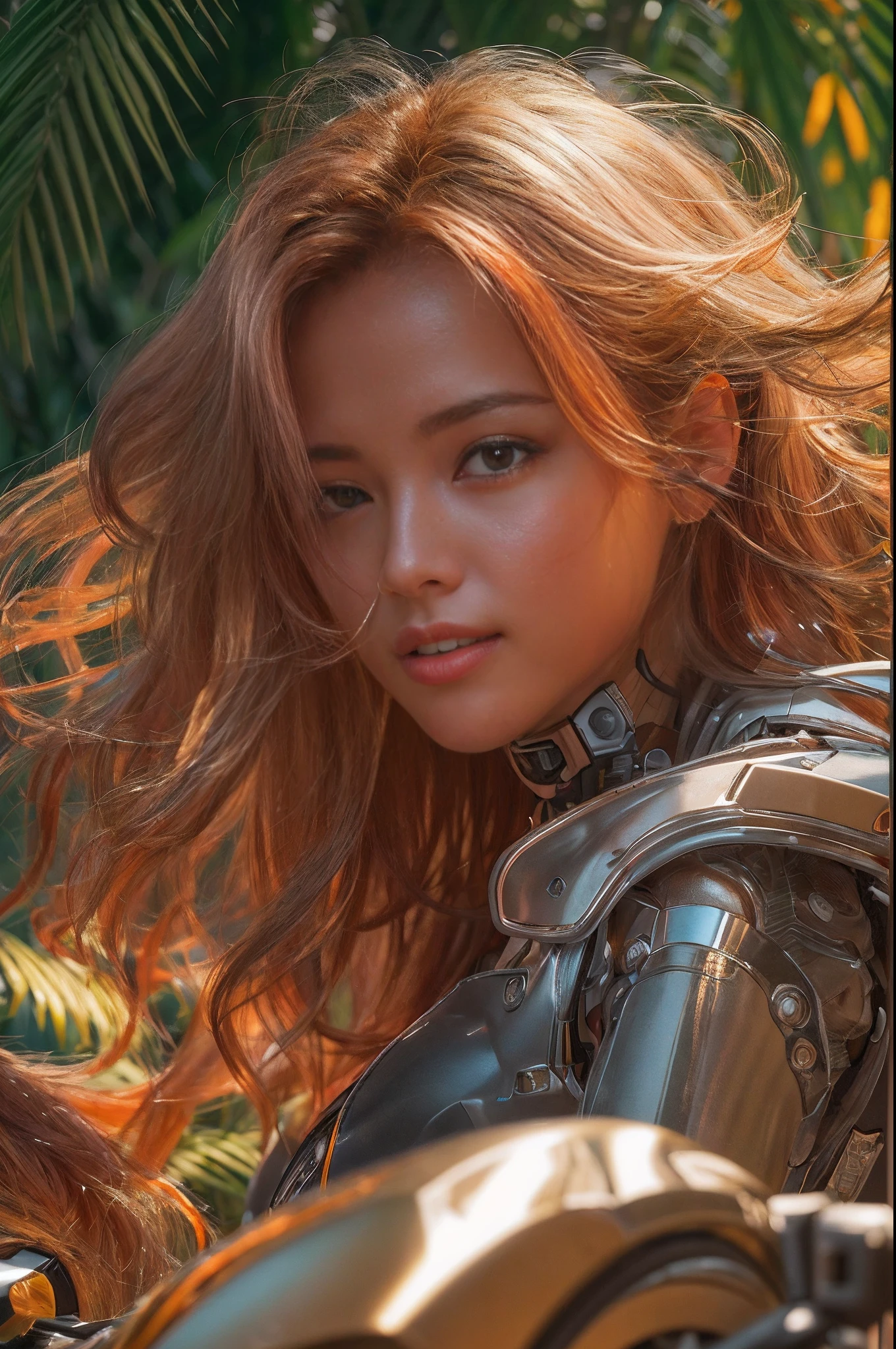 Cybernetic arm and glowing robot cyber girl,(Sheer and revealing costumes:1.3, ),(Robot Cyber Girl riding a powerful military-style motorcycle galloping through jungle:1.3), (Robot shining behind:1.3),Glossy light brown and orange striped shorthair,Cute smile,Perfect round face,A cheerful smile that makes the viewer happy,Proper body proportion,masutepiece,Super high-quality output images,hight resolution,Intricate details,Hair fluttering in a very delicate and beautiful wind,photos realistic,Dreamy,Professional Lighting,realistic shadow,Solo Focus,Beautiful hands,Beautiful fingers,Detailed finger features,detailed clothes features,Detailed hair features,detailed facial features,