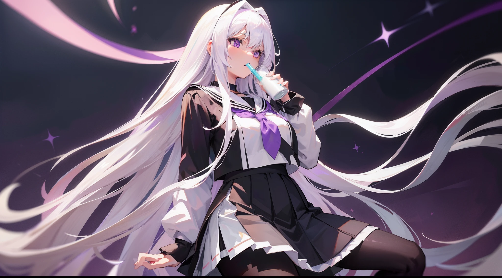 Long white hair, Purple eyes, Black pleated skirt，Inside was a white sailor suit，Wearing black pantyhose, Plump body, An anime character, Only one person，Drinking brown drinks on the street
