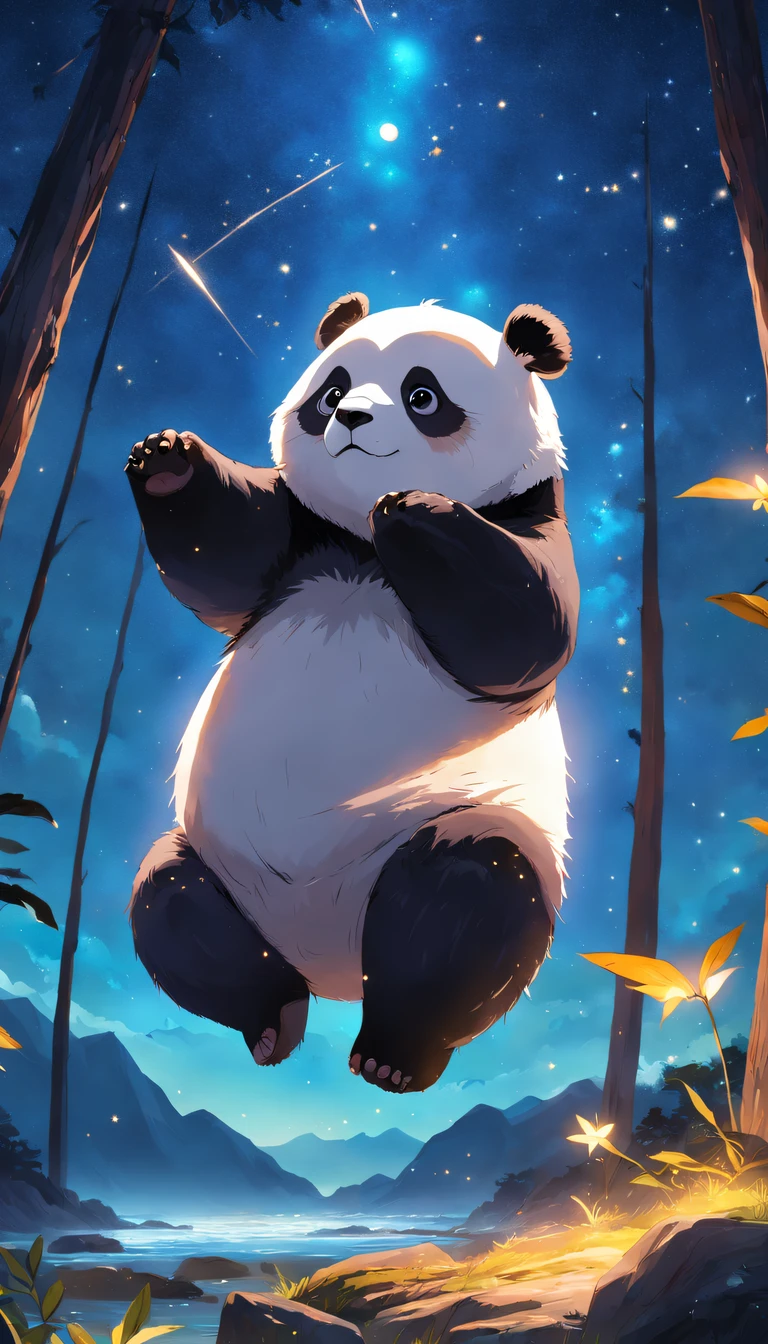obra-prima, melhor qualidade, filme ainda, 1panda, panda nuvem, surfando no mar, brilhante, Feliz, Soft lighting and Warm, noite, A panda in a forest looking up at the starry sky pointing at the stars with its back turned, Starry sky, (Sparks: 0,7)