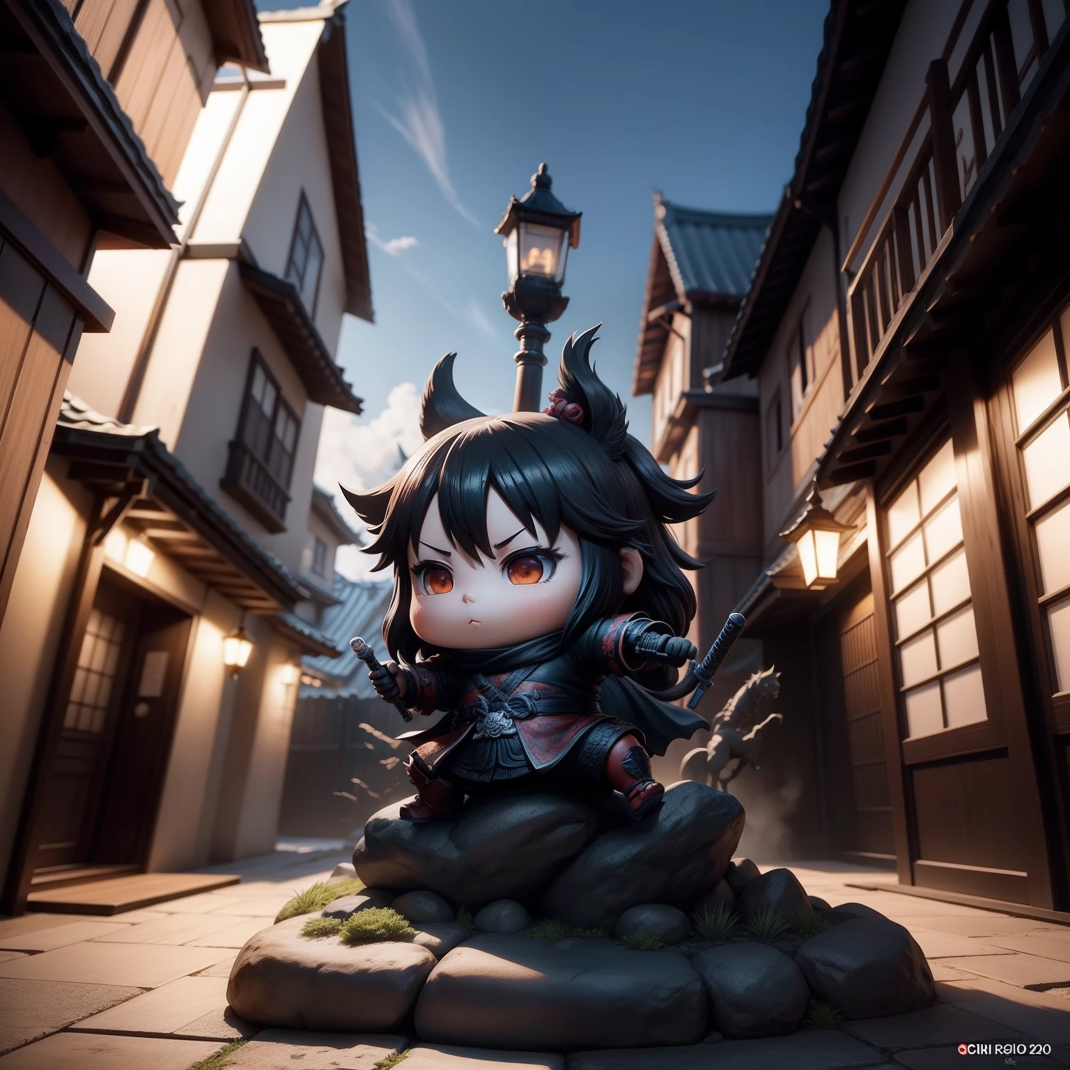 Nioh statue in chibi anime　Chasing something, high quality photograph, CCTV Footage - Style Raw - AR 2:3 - 200 years