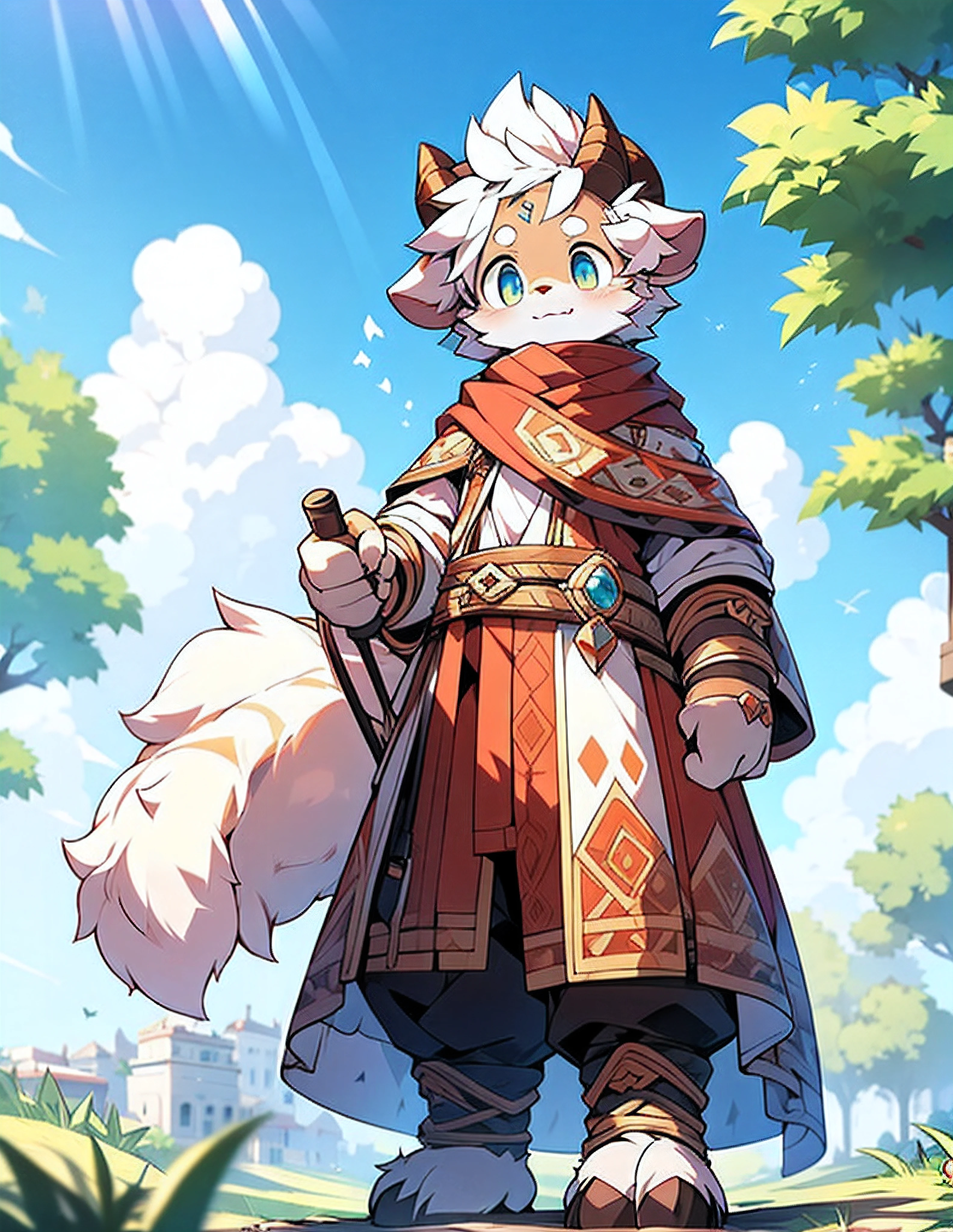 Charming scenes from ((solo)), (Anthro furry) (goat_boy:1.5),(brown_fur:1.5), Anthro the furry goat boy has a short and tousled hairstyle with light brown hair that matches his fur color . His fur is soft, shaggy, and creamy white with light brown spots on his arms and legs. His ears are small and round, with tufts of light brown hair on the tips. The big clear eyes are light blue, shining with obvious light, giving people a kind of innocent charm. There are soft white hairs on the backs of his hands, light brown pads on the palms, and short, blunt claws ideal for grabbing a cane. He stands on a lush green hill with a clear blue sky in the background and small wildflowers scattered around him. His shepherd's outfit consists of a light brown coat, brown trousers, and brown boots. Around his waist is a brown belt that holds his cane, and a small pouch for personal belongings. He stood on the hillside, looking into the distance, thoughtful, with a gentle smile on his face. Warm, soft lighting makes him look gentle and serene, while a constant stream of AI captures every detail, from the softness of his fur to the intricate details of his clothing. (fluffy_goat_hooves), (goat_horn), fluffy_litte_goat_tail, standing on a hill overlooking the valley, detailed_fluffy_fur, tuft, (body_fur), oil_skin, (skin_with_fluffy_fur), (animal_nose), animal_ear_fluff, fluffy_paws, pawpads, ani mal_hand, f lowers, ((cute, naive , detailed face, big round eyes)), warm soft light, 8k, SFW, spring, serenity, rent, wearing shepherd's clothes, straw hat and walking stick, standing cross-legged, looking into the distance walking with a stick in one hand and the other Holding a hat with a cane in one hand, pensive.