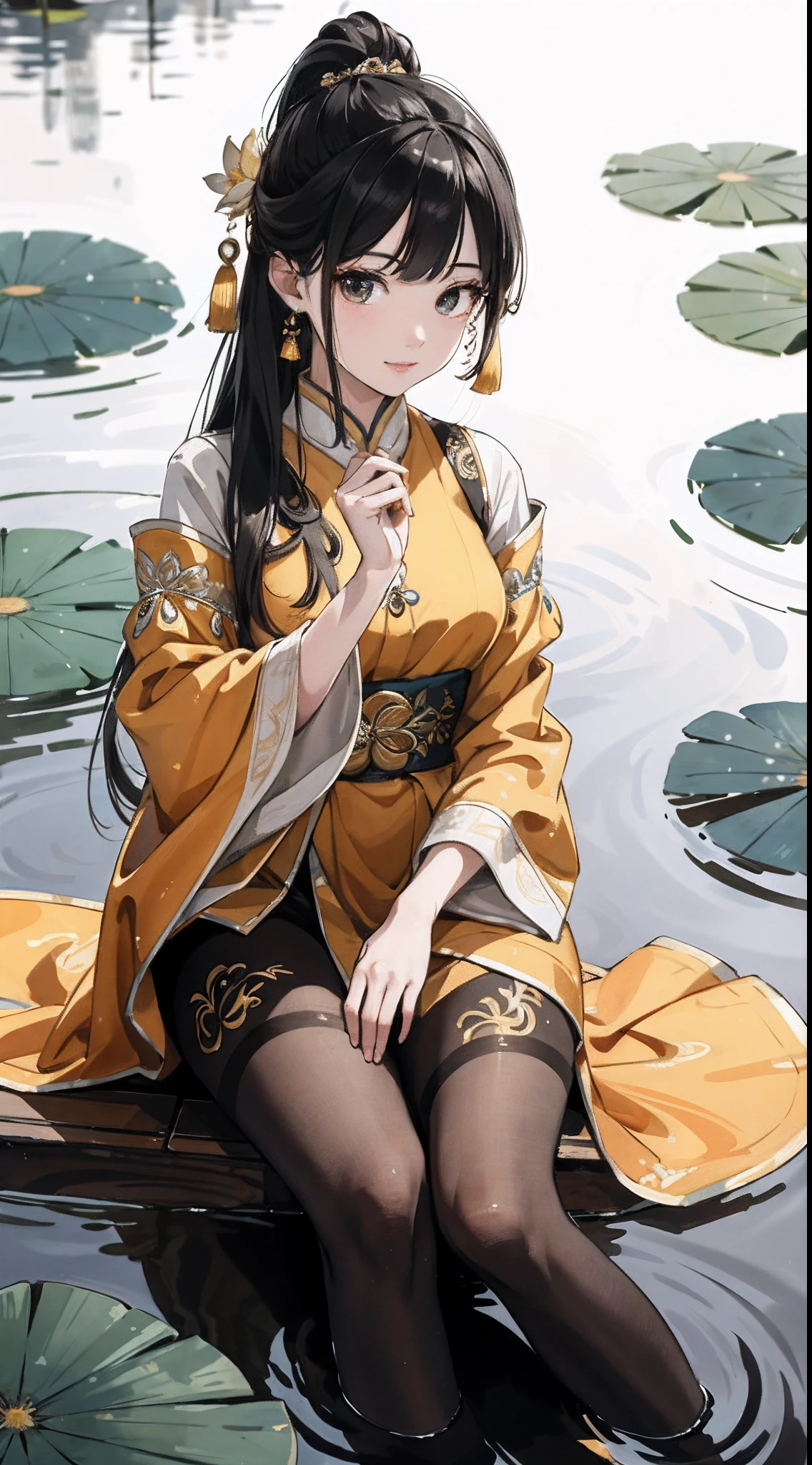 hoang lap，8K high resolution，ultra - detailed，（1girll：1.3），handpainted，Simple lines，16-year-old girl wearing golden Chinese clothes and black pantyhose，beuaty girl，In the lotus pond，tmasterpiece，Sit on a plank floating in the water，Floating hair，looking toward the viewer，ssmile，posed for photo，