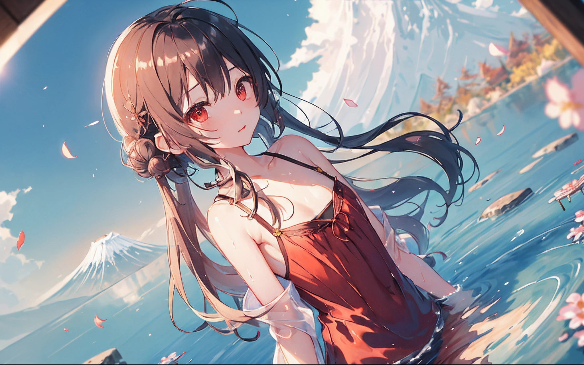 [(White background:1.3)::3],dynamic ungle,Bottle bottom,(Faltcolor:1.2),(Watch the vibrations:1.3),colourfull,Floating wind,(Top image quality), (monk), (Detailed eye description)、(Macro shot:1.25)、(8k wallpaper)、(Detailed face description)、depth of fields、(lensflare)、 Floating water、(Mt fuji:1.3)、Floating rain、rivulets、wasteland、Small dust、(the wind))、the wind、夏天、the setting sun、(blurry backround)、Road by the sea、Mountains and forests、Eau、playing in the water、partially_submerged、(Strong sunshine:1.2)、(altocumulus:1.2)、butterflys、falling petals、(is standing:0.85)、 (a closeup:0.8)、(fish-eye lens:1.2)、(1loli:1.2)、tiny chest、length hair、hair adornments、Detailed beautiful eyes、耳Nipple Ring、(intricate clothing:1.3)、a short skirt、bare shoulders​、(doress)、(satin、plunging_neckline、sleeveless、semi transparent、Wet clothes:1.2)、鎖骨、pointy ear、red eyes、(From  above:1.2)