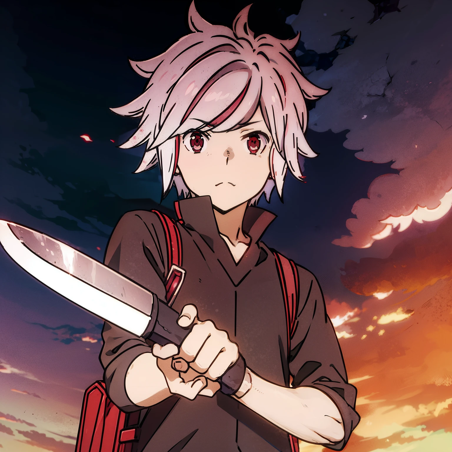 Anime boy, 1boy, Bell Cranel, White hair, red eyes, knife, pink clothes