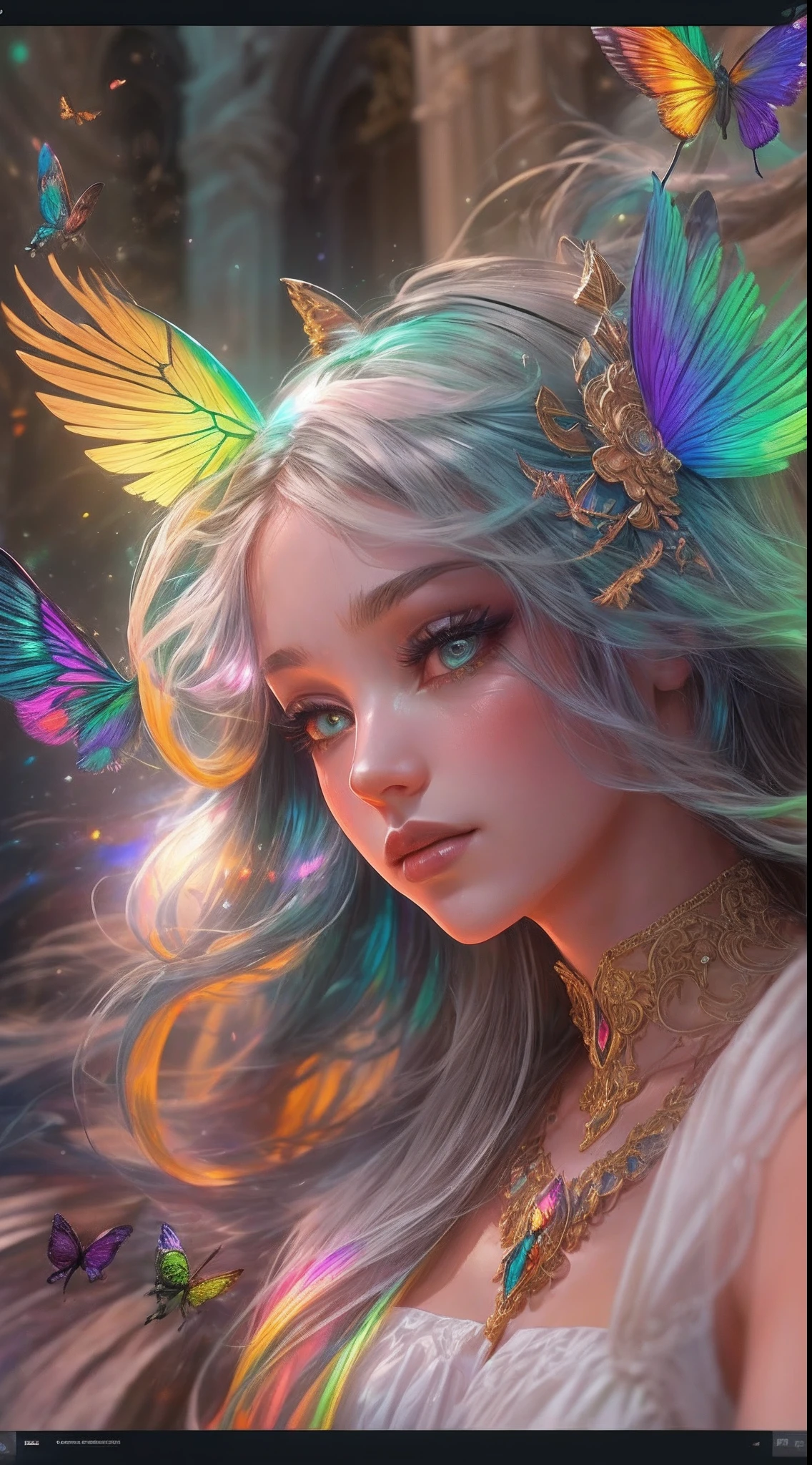 (((masterpiece))), (((ornate))), (((best quality))), ((ultra-detailed)), (highly detailed CG illustration), ((an extremely delicate and beautiful)), cinematic light. Create a stunning fantasy artwork that mimics the style of currently trending masters of the genre. The art piece should contain rich and ornate elements of both mythic fantasy and fairytale fantasy with colorful rainbow accents and dark jewel-toned hues. ((Utilize the rainbow as the main color scheme.)) The character in the artwork is a delicate but strong petite figure with an aura of mystery and magic. Pay close attention to intricate facial features, such as mesmerizing eyes with vibrant colors and bold shading. The character's clothing should be designed with gossamer feathers, silk, stunning embroidery, and subtle iridescent details. Incorporate (((translucent iridescent rainbows))), dreamy colors, dynamic lighting, and detailed background elements to create a sense of awe and immersion. ((Include colorful flying magical birds and jewel-toned rainbow butterflies radiating a magical aura.)) Consider the latest trends in fantasy art, such as incorporating unique lighting effects, exploring dynamic and compelling composition techniques, and experimenting with unique color palettes. Take inspiration from the top artists on ArtStation and Midjourney. Camera: Choose an angle that highlights the character's beauty and enhances the magical majesty of the artwork. Lighting: Utilize atmospheric lighting techniques to create depth and mood. Resolution: Aim for a high-resolution artwork to showcase intricate details and clarity. Art Inspirations: Seek inspiration from the trending artists on ArtStation, exploring different styles, genres, and themes.