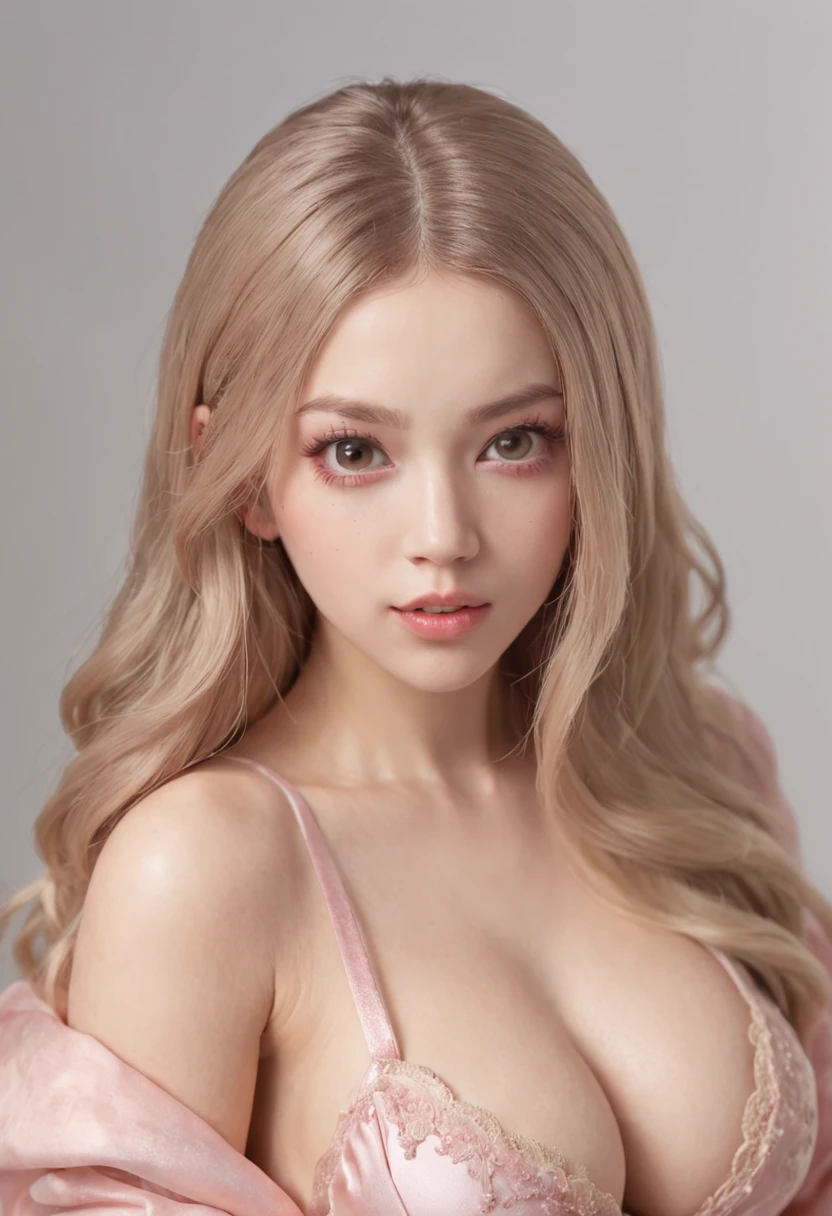 Full body photo, Beautiful girl with bright brown eyes, shocked expression,Wide eyes, Wearing pink sheer silk, (((Large breasts :1.2 and round breasts:1.2))),8K, RAW photo, Highly detailed skin, exposed, Photography, Masterpiece, Best quality, Gorgeous light blonde long hair, Ultra-detailed face, Detailed brown eyes, ((no close up)), front angle, Yawning, Spread legs, Wet open ,(((Pubic hair))).