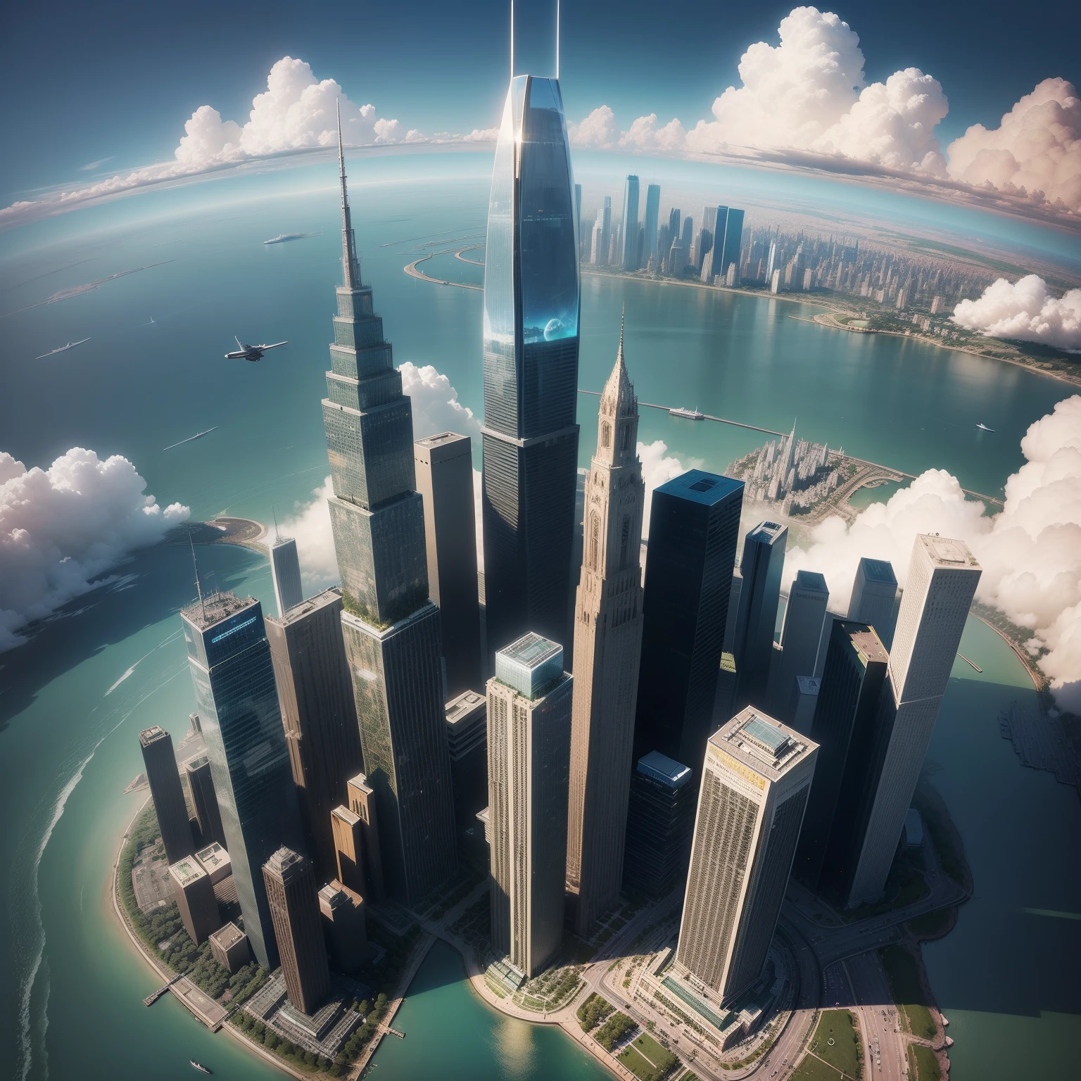 Skyscrapers tall through the clouds、cyberpunked、planet earth、epcot、ＳＦart by、top-quality、​masterpiece、Ultra High Resolution Super Huge Castle　Megacities