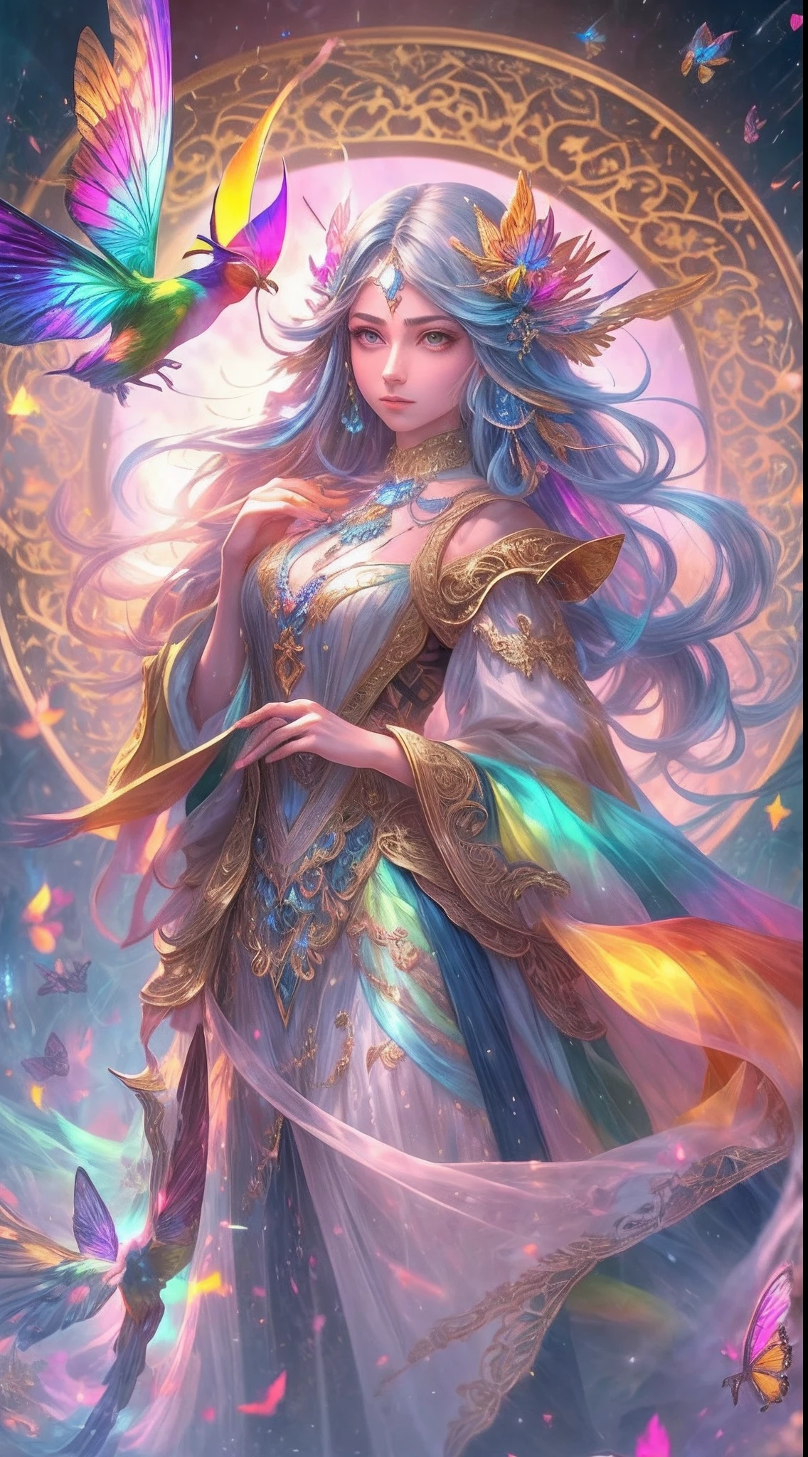 (((masterpiece))), (((ornate))), (((best quality))), ((ultra-detailed)), (highly detailed CG illustration), ((an extremely delicate and beautiful)), cinematic light. Create a stunning fantasy artwork that mimics the style of currently trending masters of the genre. The art piece should contain rich and ornate elements of both mythic fantasy and fairytale fantasy with colorful rainbow accents and dark jewel-toned hues. ((Utilize the rainbow as the main color scheme.)) The character in the artwork is a delicate but strong petite figure with an aura of mystery and magic. Pay close attention to intricate facial features, such as mesmerizing eyes with vibrant colors and bold shading. The character's clothing should be designed with gossamer feathers, silk, stunning embroidery, and subtle iridescent details. Incorporate (((translucent iridescent rainbows))), dreamy colors, dynamic lighting, and detailed background elements to create a sense of awe and immersion. ((Include colorful flying magical birds and jewel-toned rainbow butterflies radiating a magical aura.)) Consider the latest trends in fantasy art, such as incorporating unique lighting effects, exploring dynamic and compelling composition techniques, and experimenting with unique color palettes. Take inspiration from the top artists on ArtStation and Midjourney. Camera: Choose an angle that highlights the character's beauty and enhances the magical majesty of the artwork. Lighting: Utilize atmospheric lighting techniques to create depth and mood. Resolution: Aim for a high-resolution artwork to showcase intricate details and clarity. Art Inspirations: Seek inspiration from the trending artists on ArtStation, exploring different styles, genres, and themes.