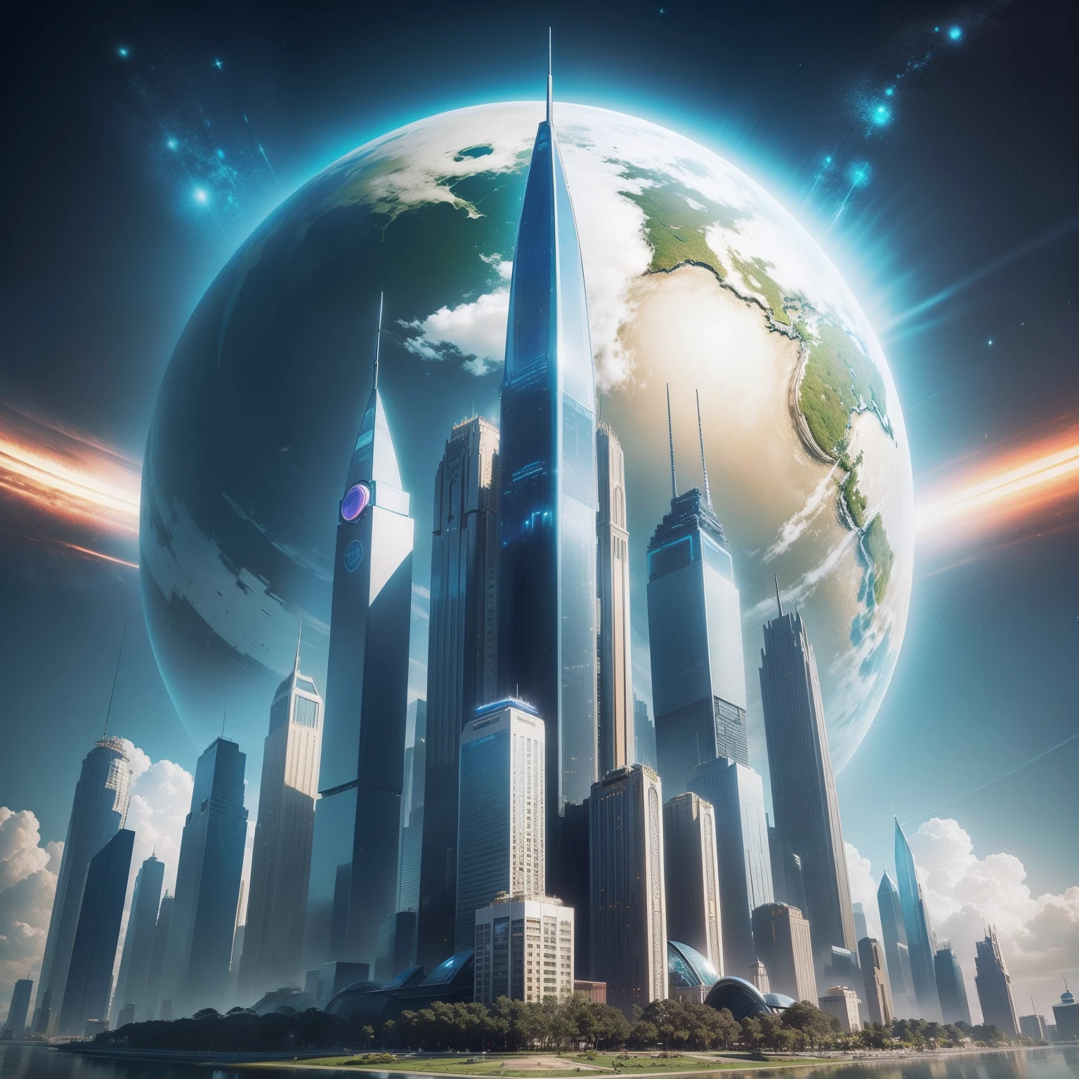 Skyscrapers towering above the ground、cyberpunked、planet earth、epcot、ＳＦart by、top-quality、​masterpiece、超A high resolution、50 times the height of the building　Super huge castle　Megacities