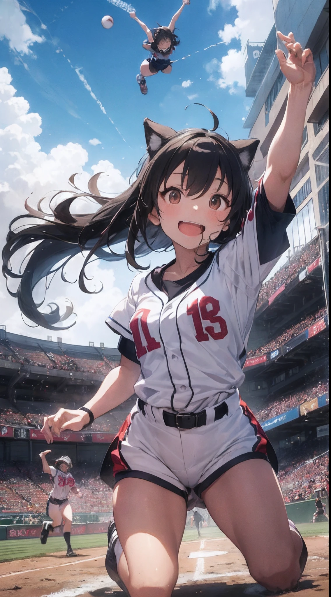 It depicts the activities of a dog beast-eared girl who breaks into a baseball game.。（（（Two dog girls and an outfielder:1.9）））、（two people:1.5）、Direct Catch、globe、Catch the ball、jumpping、Oversized Jump、Caught in the air、Dog Daughter、The moment an outfielder catches a bullet liner home run ball、Direct catch with mouth with incredible speed and leaping power。Outfielders、I jump where I can reach the ball.、At that moment、A dog girl flies higher than an outfielder to catch the ball。Dog Daughter、Hold the ball and land with a smile。Spectators and teammates、Cheers and applause for the phenomenal play of the dog daughter。 This work is、A work full of speed and dynamism。The dog daughter and the outfielder's chase、Breathtaking developments。Beast Girl、Sprint。Outfielders、I will run as hard as I can to protect myself。As a result、Shocking scenes that take place in the air are created。This work is、In depicting the passion and skill of a dog daughter、Captivates the viewer's heart。Dynamism、force、Dull hair、energy、Dust visualization、Wind visualization