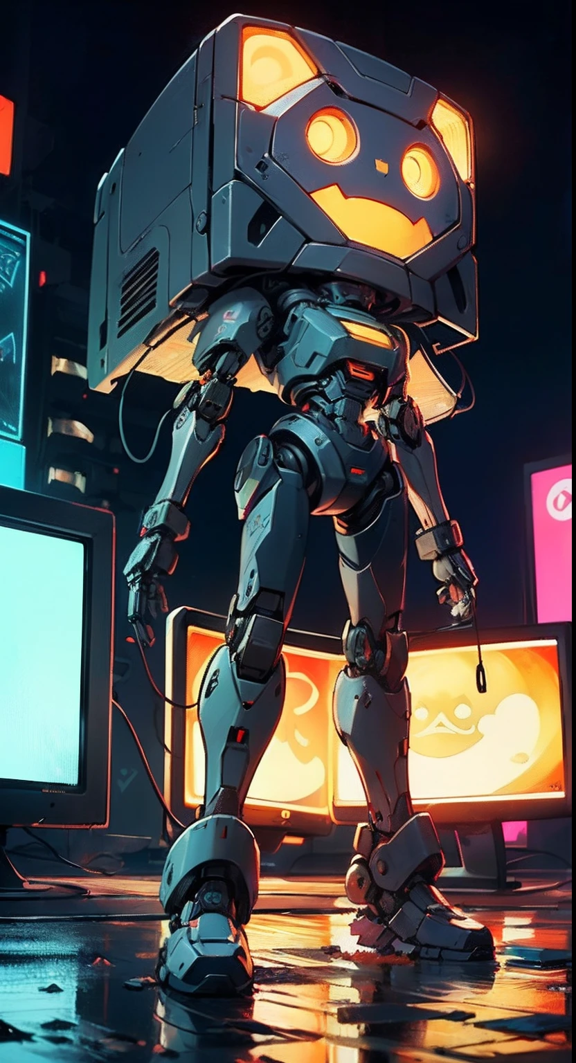 (((TV robot with mechanical arms and legs))),

(((tiny little robot))) with ((((TV head)))). He has (((shaped like a cube with mechanical arms and legs))),and a (((screen on his face))) that displays emoticons and coded messages,Strange head, black tv head,detailed TV head,intricate robot,

(((Object_head,televison_head))),

(dynamic pose:1.0),solo focus,(centered,scale to fit dimensions,Rule of thirds),

cyberpunk city by the ocean at night, with bright neon signs and dark stormy clouds and puddles,

High resolution, sharp focus, (ultra detailed, extremely detailed), (photorealistic artwork:1.37), 8k wallpaper,((synthwave background theme)),((vibrant colors)),(intricate),masterpiece,(best quality),