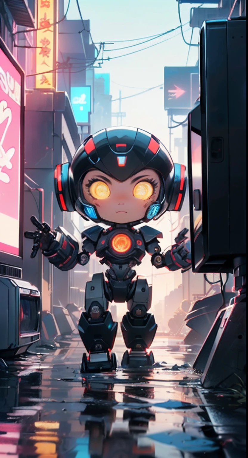 (((TV robot with mechanical arms and legs))),
(((tiny little robot))) with ((((TV head)))). He has (((shaped like a cube with mechanical arms and legs))),and a (((screen on his face))) that displays emoticons and coded messages,Strange head, black tv head,detailed TV head,intricate robot,
(((Object_head,televison_head))),
(dynamic pose:1.0),solo focus,(centered,scale to fit dimensions,Rule of thirds),
cyberpunk city by the ocean at night, with bright neon signs and dark stormy clouds and puddles,
High resolution, sharp focus, (ultra detailed, extremely detailed), (photorealistic artwork:1.37), 8k wallpaper,((synthwave background theme)),((vibrant colors)),(intricate),masterpiece,(best quality),