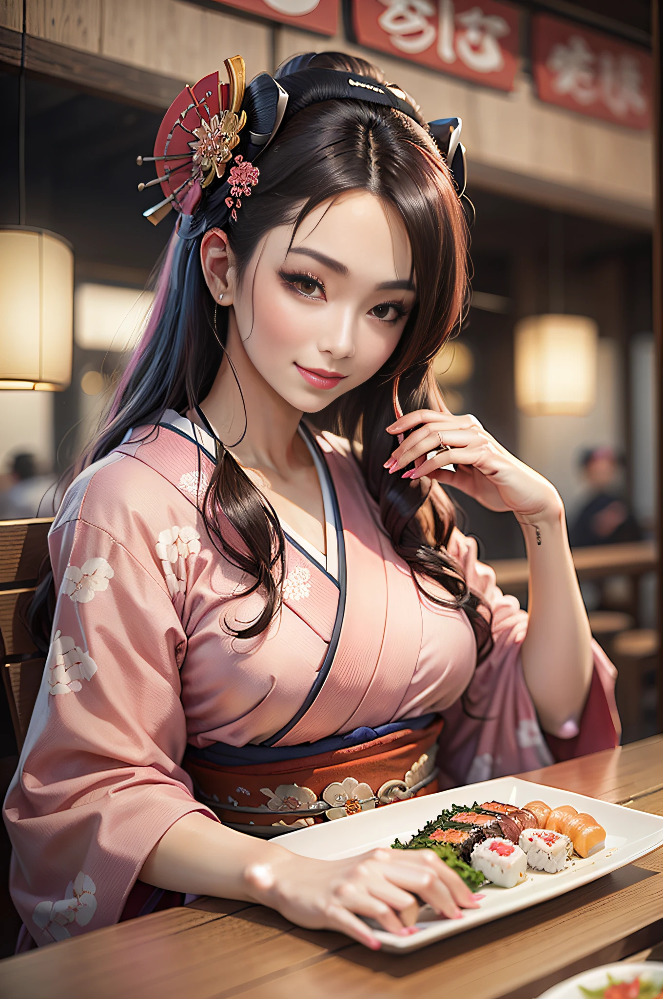 a beautiful cyberpunk geisha, with flowing hair, full lips, full breasts, wearing a pink and white kimono, sitting at a table in a traditional Japanese cyberpunk restaurant, enjoying delicious sushi, and smiling ((intricate details, 8k, hyperrealistic, photorealistic, Field depth)).