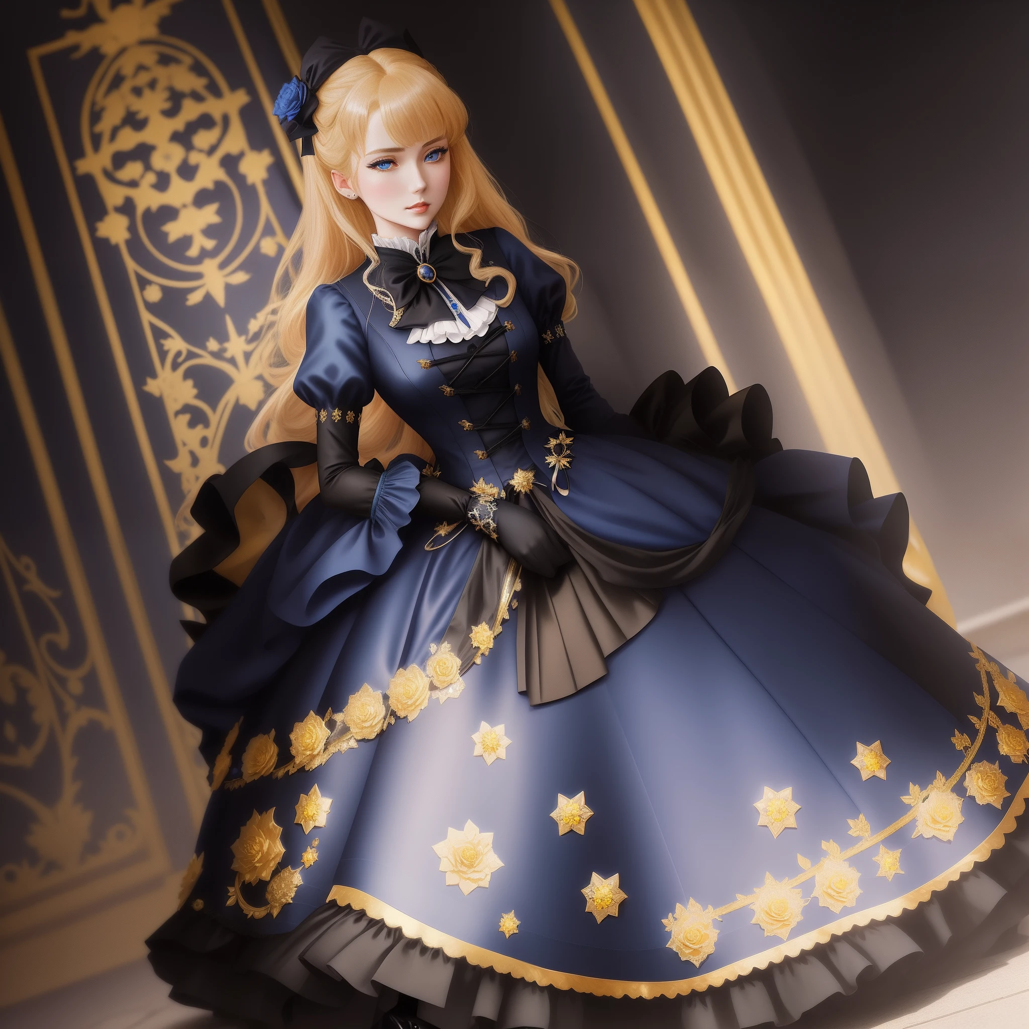 Anime, aristocratic woman, anime style, blue eyes, dark blue dress with a karset, white small skirt, black sleeves, black glove on the right hand, blue bows on the forearms, long black boots ending with royal trims, yellow with blue stones tied, blond hair, yellow coat, stetson with black and yellow roses