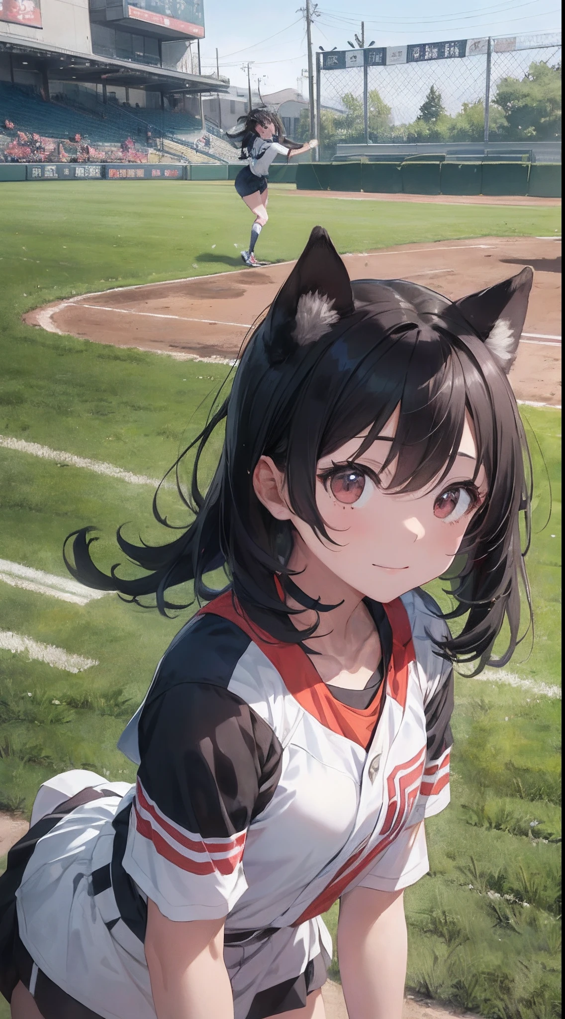 It depicts the activities of a dog beast-eared girl who breaks into a baseball game.。baseball、(((Two dog girls and an outfielder:1.9)))、(two people:1.5)、Aerial Play、Direct Catch、globe、Caught with a glove、Catch the ball、jumpping、Oversized Jump、Caught in the air、Dog Daughter、The moment an outfielder catches a bullet liner home run ball、Direct catch with mouth with incredible speed and leaping power。Outfielders、I jump where I can reach the ball.、At that moment、A dog girl flies higher than an outfielder to catch the ball。Dog Daughter、Hold the ball and land with a smile。Spectators and teammates、Cheers and applause for the phenomenal play of the dog daughter。 This work is、A work full of speed and dynamism。The dog daughter and the outfielder's chase、Breathtaking developments。Beast Girl、Sprint。Outfielders、I will run as hard as I can to protect myself。As a result、Shocking scenes that take place in the air are created。This work is、In depicting the passion and skill of a dog daughter、Captivates the viewer's heart。Dynamism、force、Dull hair、energy、Dust visualization、Wind visualization