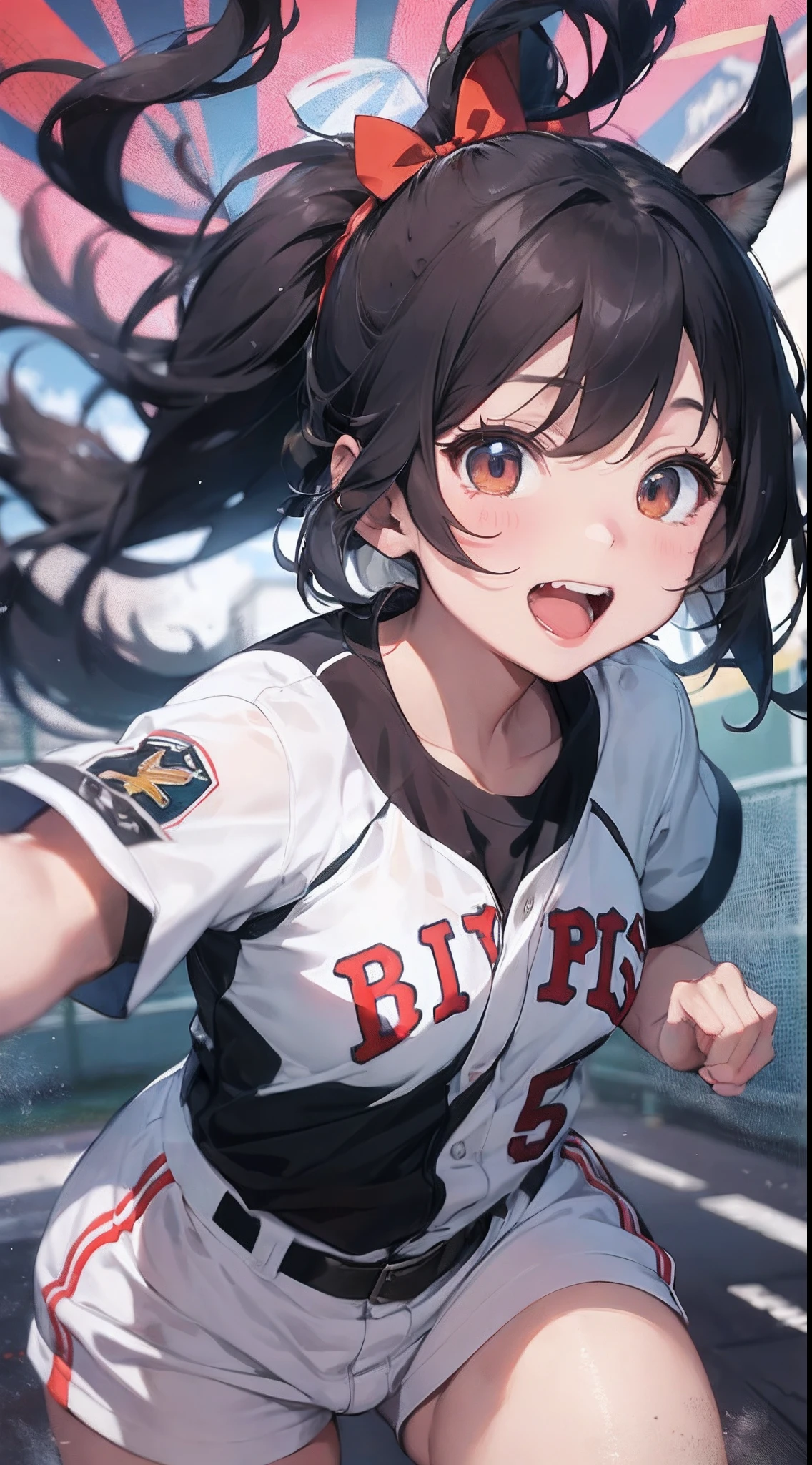 It depicts the activities of a dog beast-eared girl who breaks into a baseball game.。baseball、(((Two dog girls and an outfielder:1.9)))、(two people:1.5)、Aerial Play、Direct Catch、globe、Caught with a glove、Catch the ball、jumpping、Oversized Jump、Caught in the air、Dog Daughter、The moment an outfielder catches a bullet liner home run ball、Direct catch with mouth with incredible speed and leaping power。Outfielders、I jump where I can reach the ball.、At that moment、A dog girl flies higher than an outfielder to catch the ball。Dog Daughter、Hold the ball and land with a smile。Spectators and teammates、Cheers and applause for the phenomenal play of the dog daughter。 This work is、A work full of speed and dynamism。The dog daughter and the outfielder's chase、Breathtaking developments。Beast Girl、Sprint。Outfielders、I will run as hard as I can to protect myself。As a result、Shocking scenes that take place in the air are created。This work is、In depicting the passion and skill of a dog daughter、Captivates the viewer's heart。Dynamism、force、Dull hair、energy、Dust visualization、Wind visualization