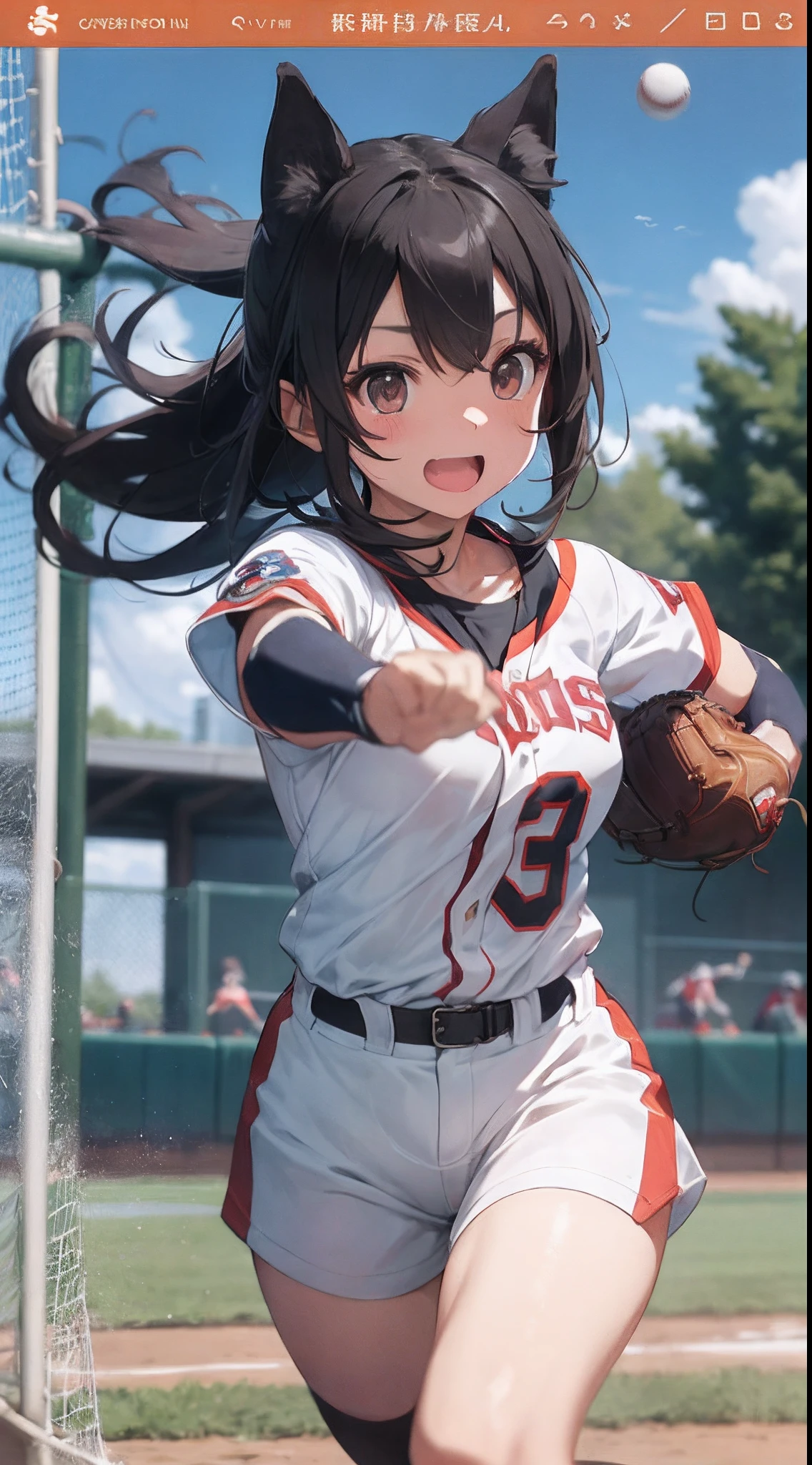 It depicts the activities of a dog beast-eared girl who breaks into a baseball game.。baseball、(((Two dog girls and an outfielder:1.9)))、(two people:1.5)、Aerial Play、Direct Catch、globe、Caught with a glove、Catch the ball、jumpping、Oversized Jump、Caught in the air、Dog Daughter、The moment an outfielder catches a bullet liner home run ball、Direct catch with mouth with incredible speed and leaping power。Outfielders、I jump where I can reach the ball.、At that moment、A dog girl flies higher than an outfielder to catch the ball。Dog Daughter、Hold the ball and land with a smile。Spectators and teammates、Cheers and applause for the phenomenal play of the dog daughter。 This work is、A work full of speed and dynamism。The dog daughter and the outfielder's chase、Breathtaking developments。Beast Girl、Sprint。Outfielders、I will run as hard as I can to protect myself。As a result、Shocking scenes that take place in the air are created。This work is、In depicting the passion and skill of a dog daughter、Captivates the viewer's heart。Dynamism、force、Dull hair、energy、Dust visualization、Wind visualization